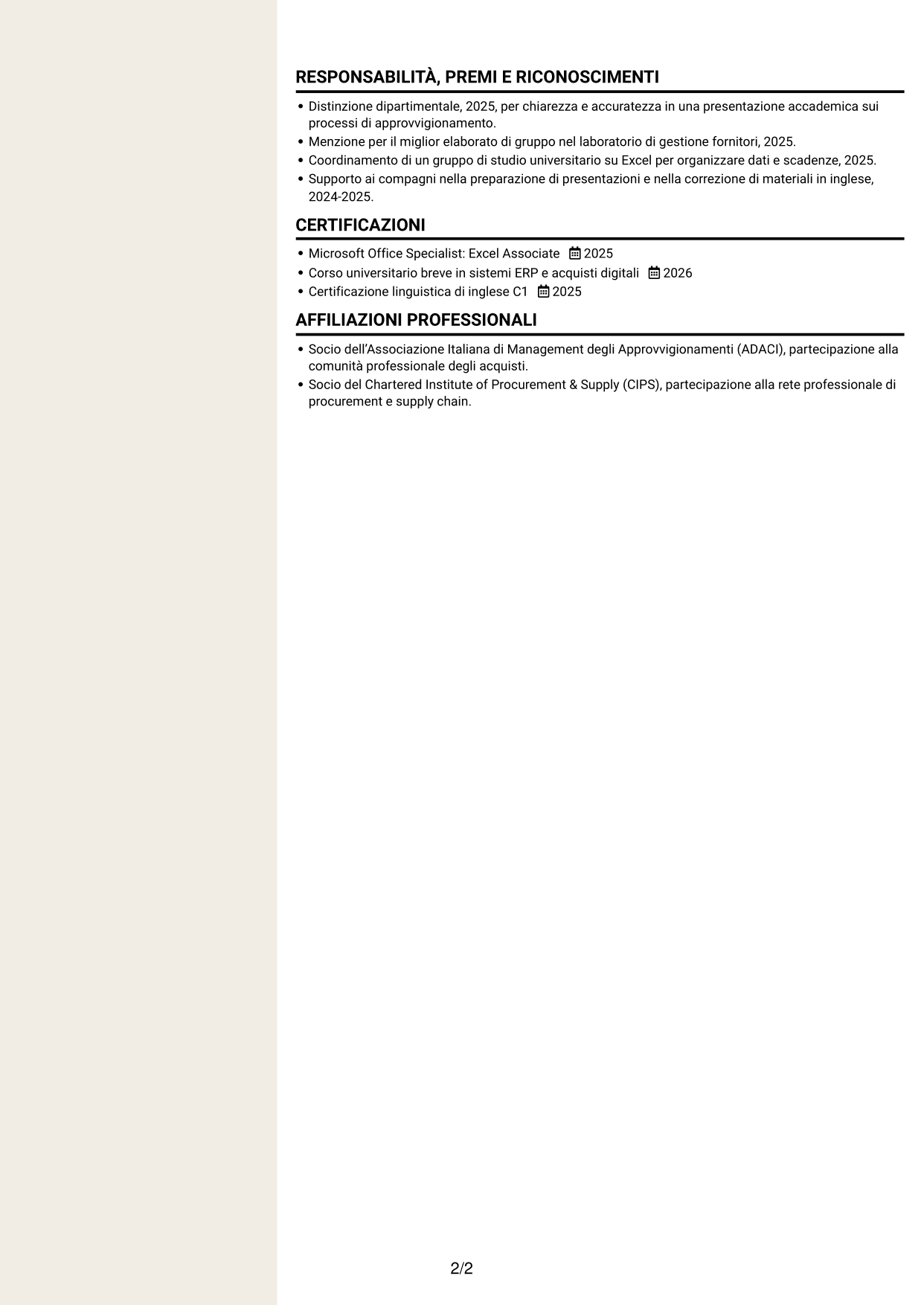 CV Intraprendente (formato a due colonne con intestazione centrata senza foto): Procurement Analyst - Sistemi di procurement digitale, pagina 2