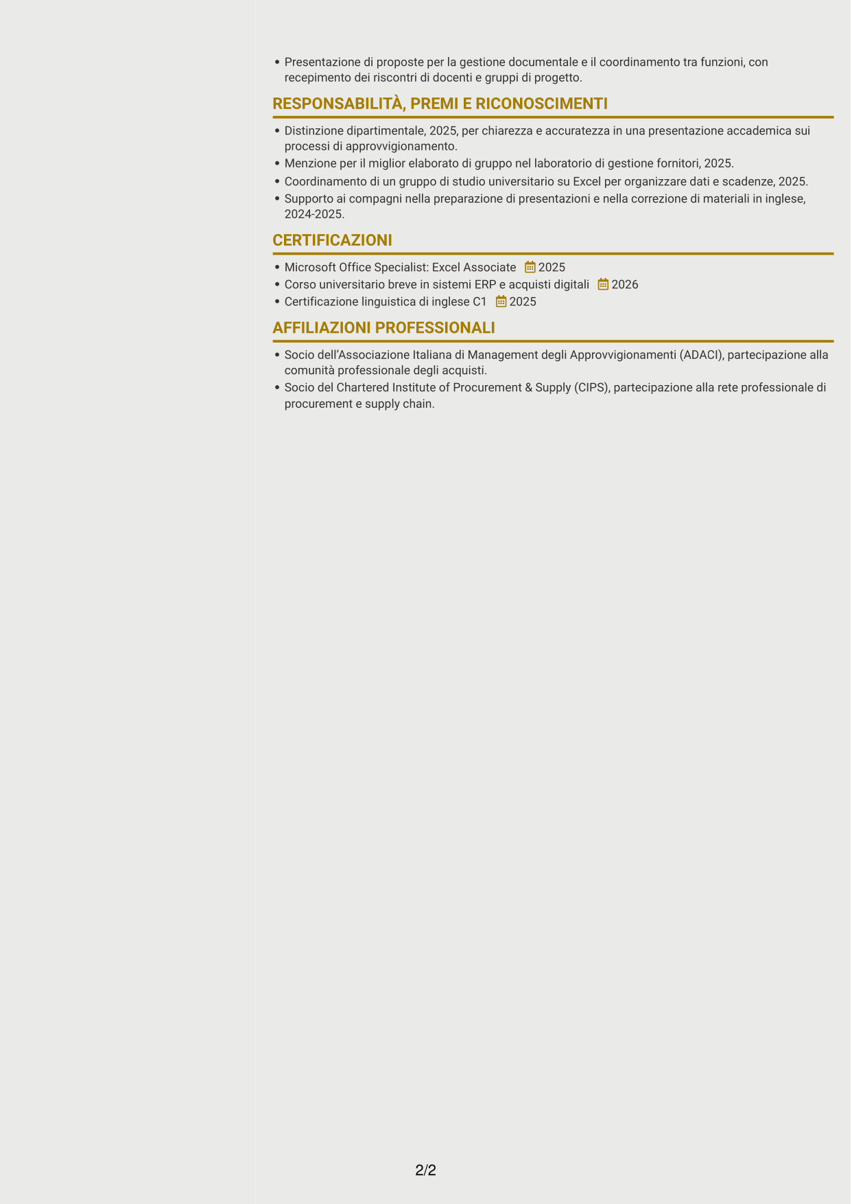 CV Dinamico (formato a due colonne con icone): Procurement Analyst - Sistemi di procurement digitale, pagina 2