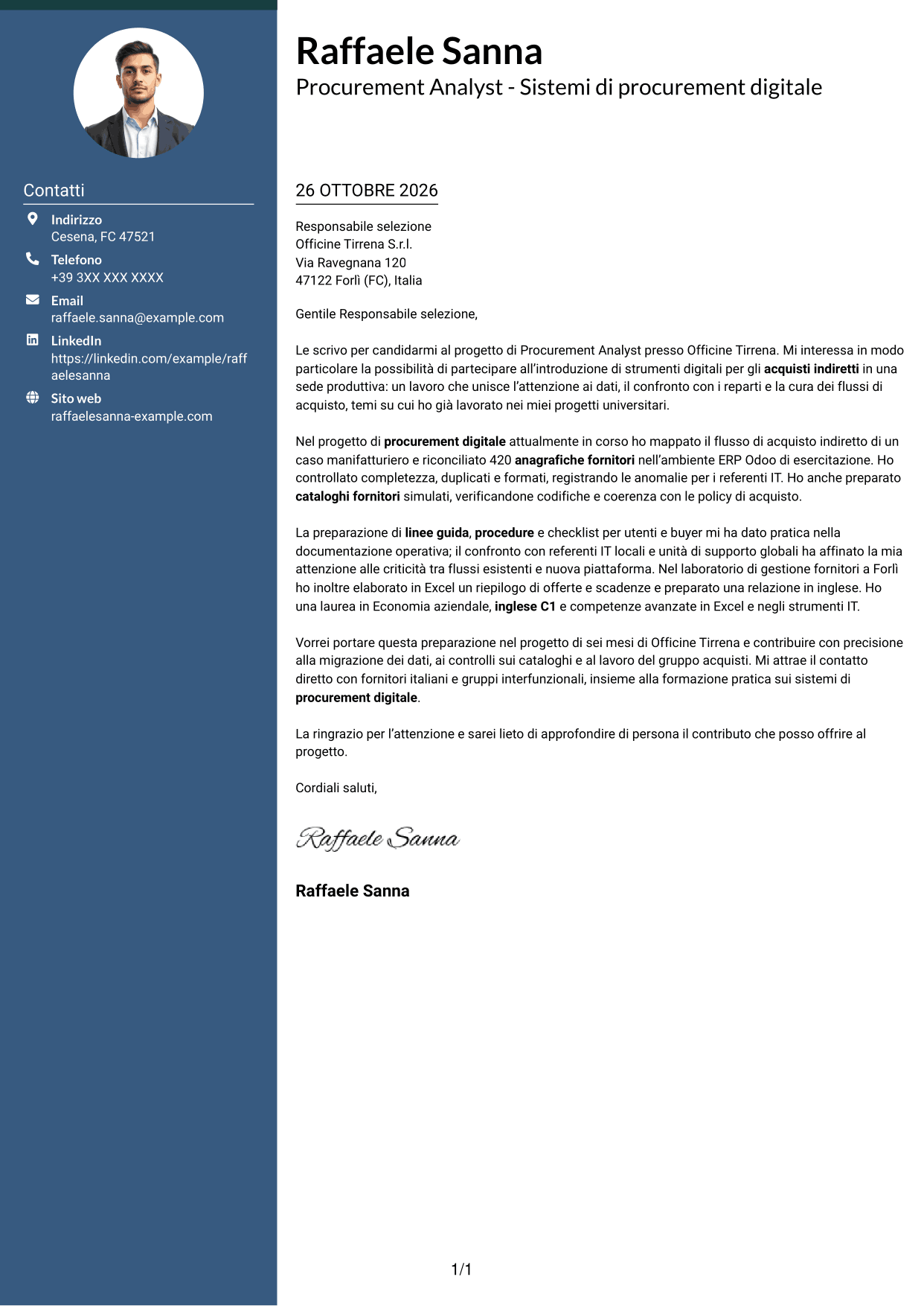 Lettera di presentazione Elegante (formato con colonna laterale colorata e foto): Procurement Analyst - Sistemi di procurement digitale, pagina 1