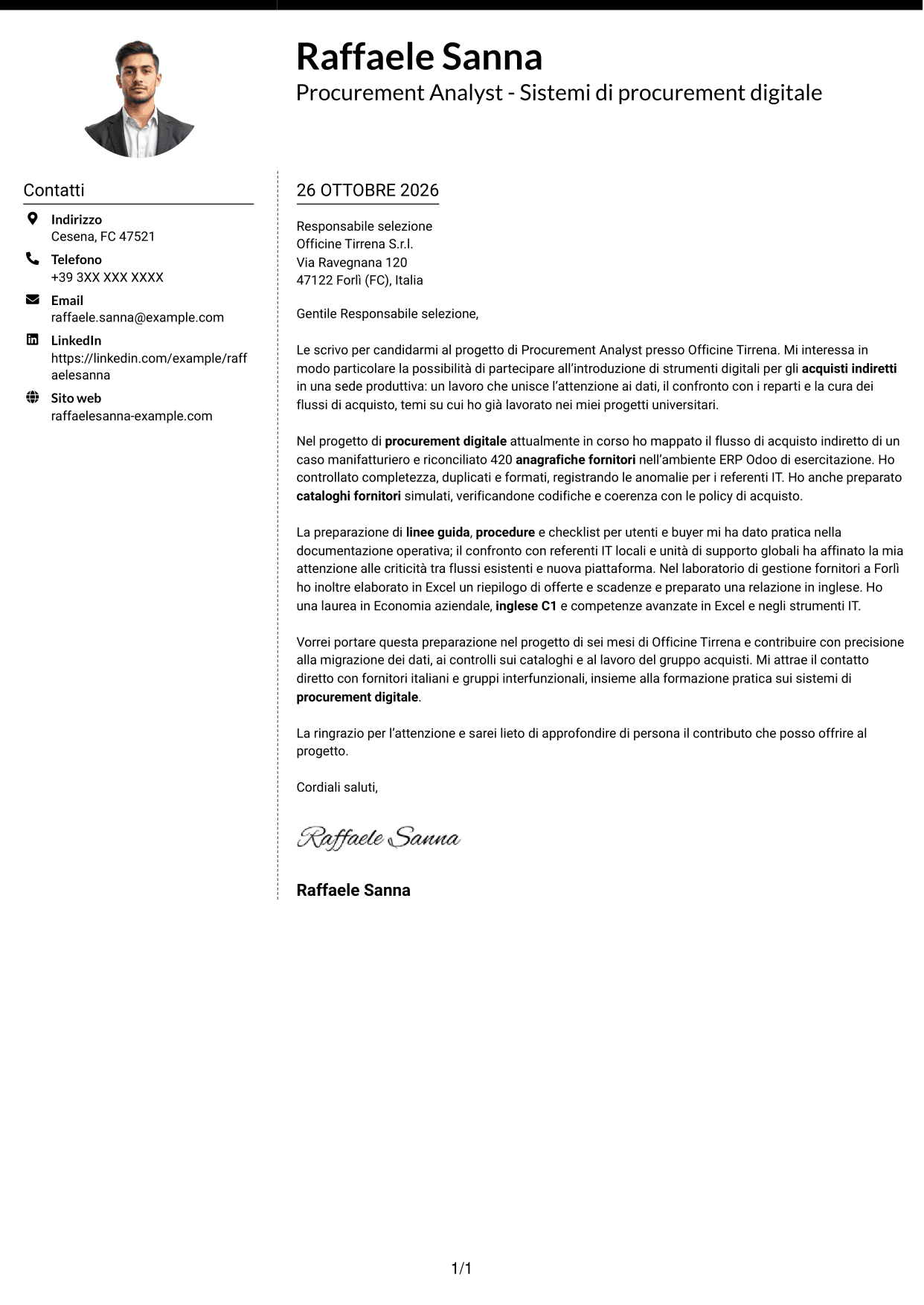 Lettera di presentazione Moderno (formato a due colonne con foto a sinistra e separatore): Procurement Analyst - Sistemi di procurement digitale, pagina 1