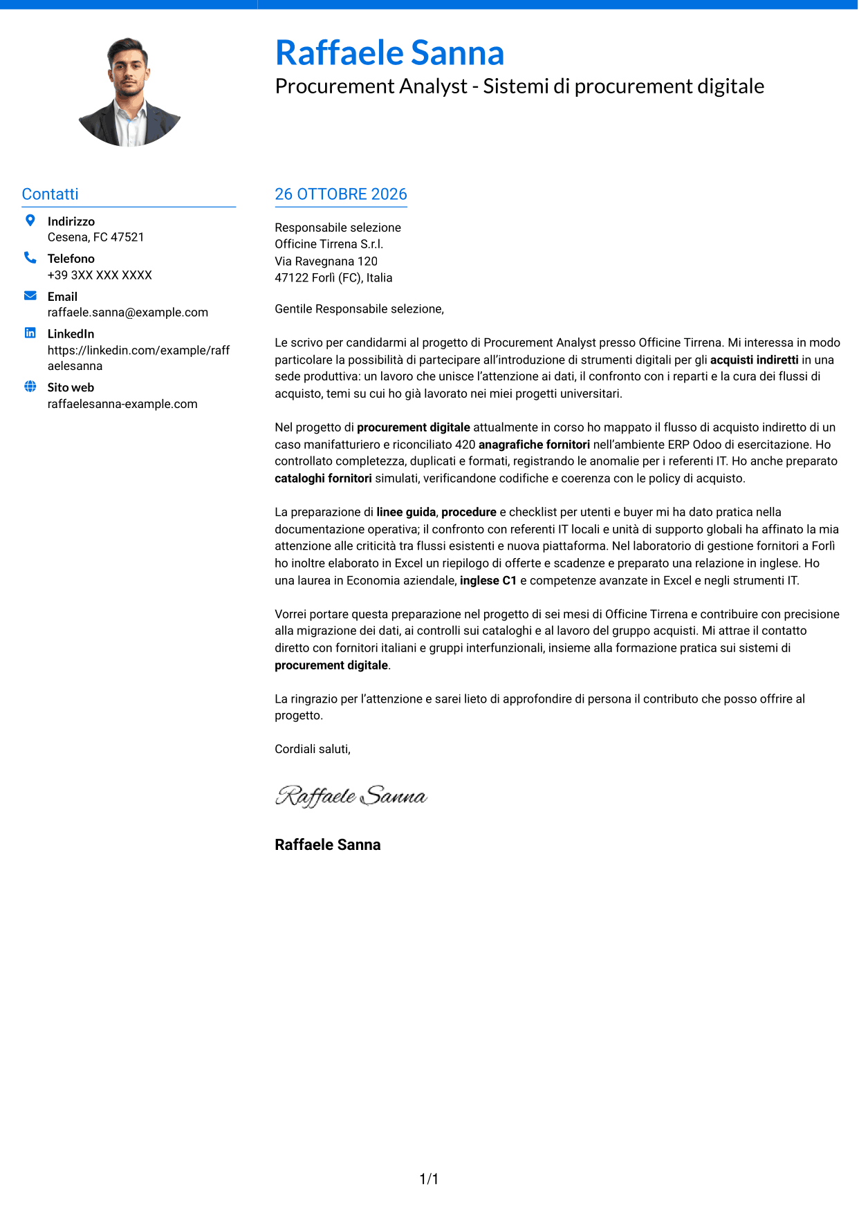 Lettera di presentazione Audace (formato a due colonne con accenti colorati e foto): Procurement Analyst - Sistemi di procurement digitale, pagina 1