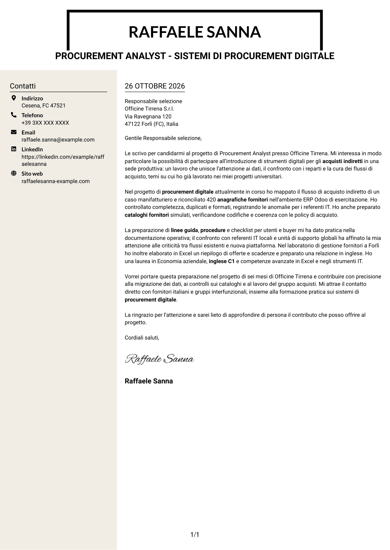 Lettera di presentazione Intraprendente (formato a due colonne con intestazione centrata senza foto): Procurement Analyst - Sistemi di procurement digitale, pagina 1