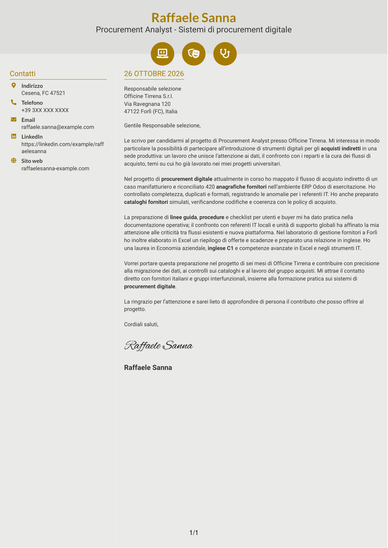 Lettera di presentazione Dinamico (formato a due colonne con icone): Procurement Analyst - Sistemi di procurement digitale, pagina 1