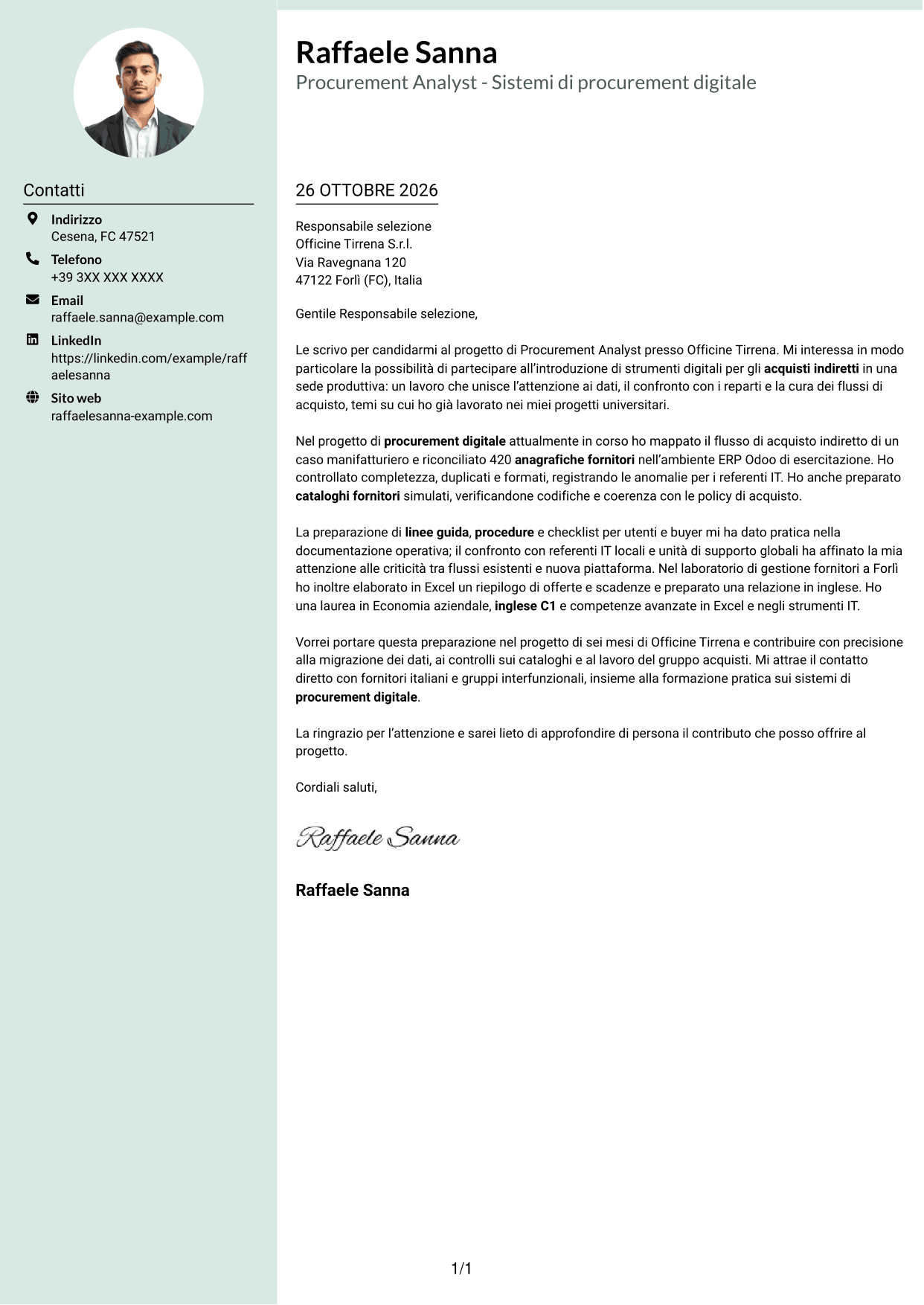 Lettera di presentazione Dirigente (formato con colonna laterale tenue e foto arrotondata): Procurement Analyst - Sistemi di procurement digitale, pagina 1
