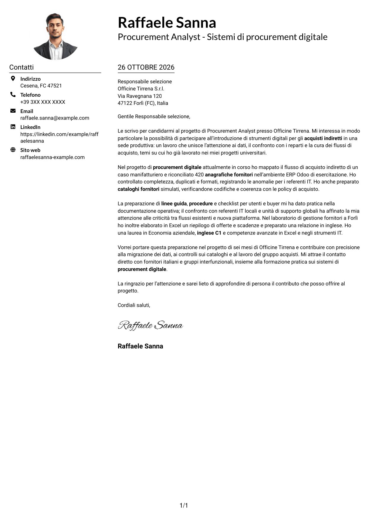 Esempio di lettera di presentazione — pagina 1