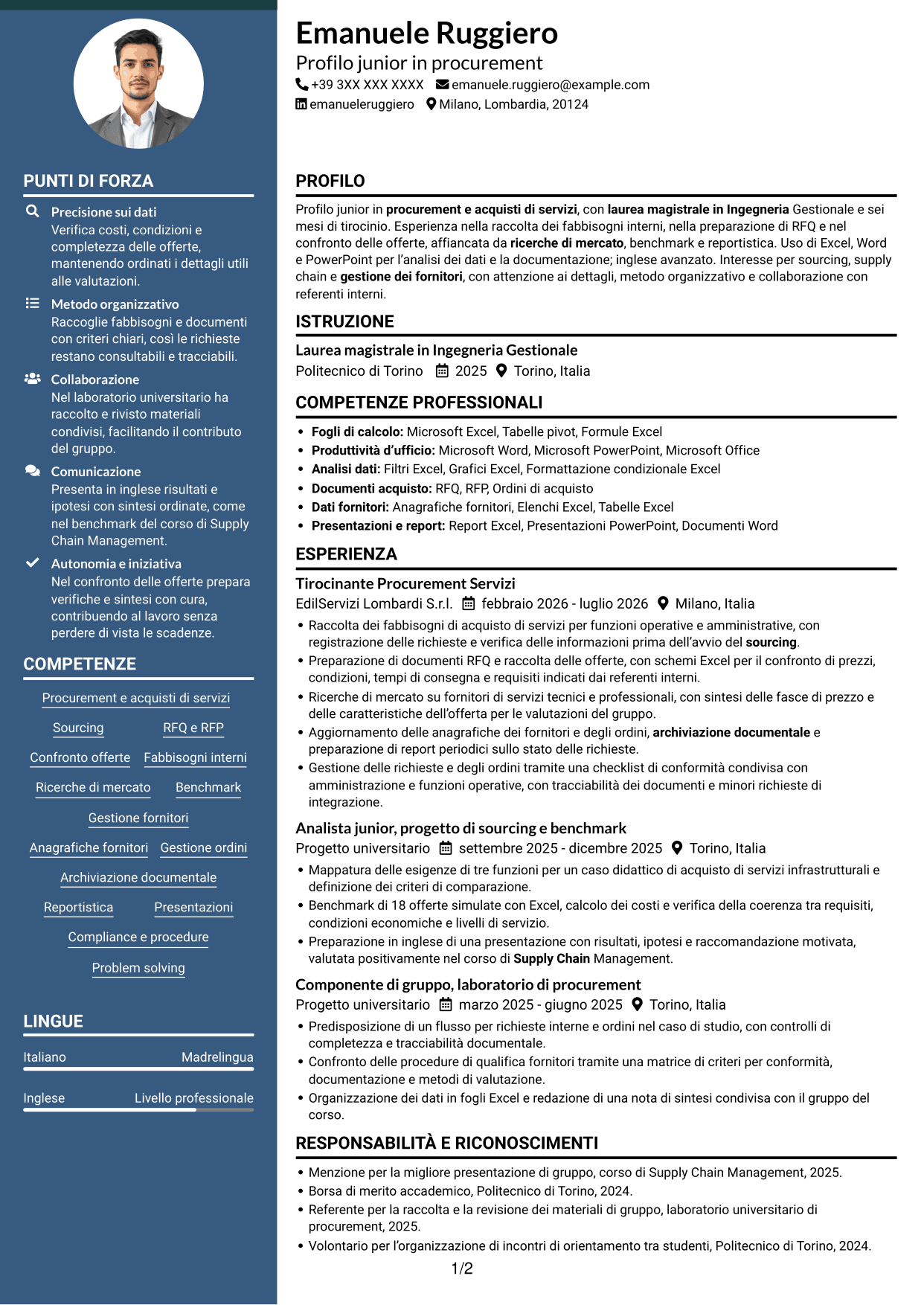 CV Elegante (formato con colonna laterale colorata e foto): Procurement Intern - Servizi, pagina 1