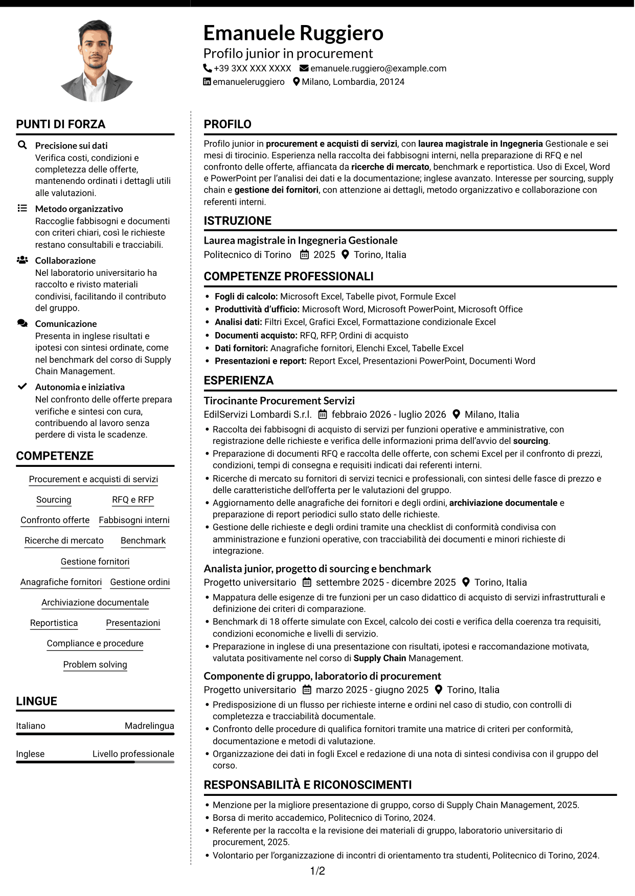 CV Moderno (formato a due colonne con foto a sinistra e separatore): Procurement Intern - Servizi, pagina 1