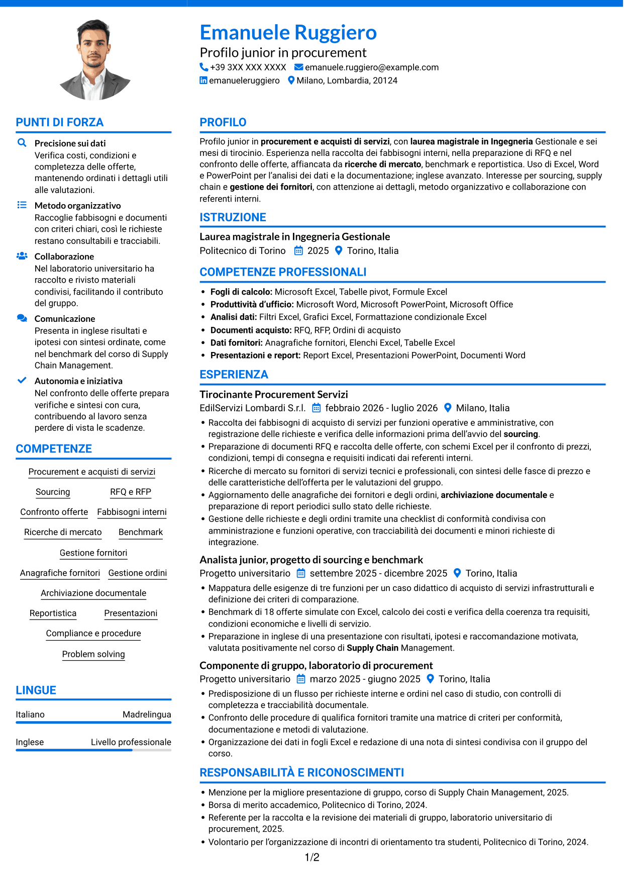 CV Audace (formato a due colonne con accenti colorati e foto): Procurement Intern - Servizi, pagina 1
