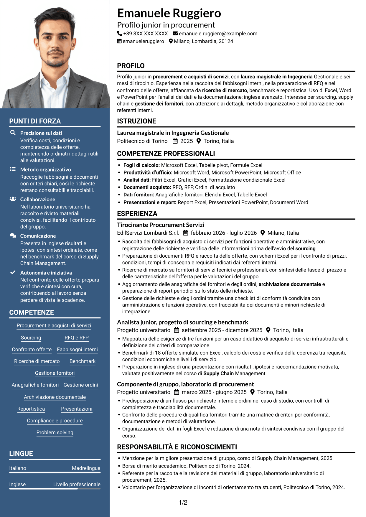 CV Signature (formato con colonna laterale colorata e foto grande): Procurement Intern - Servizi, pagina 1