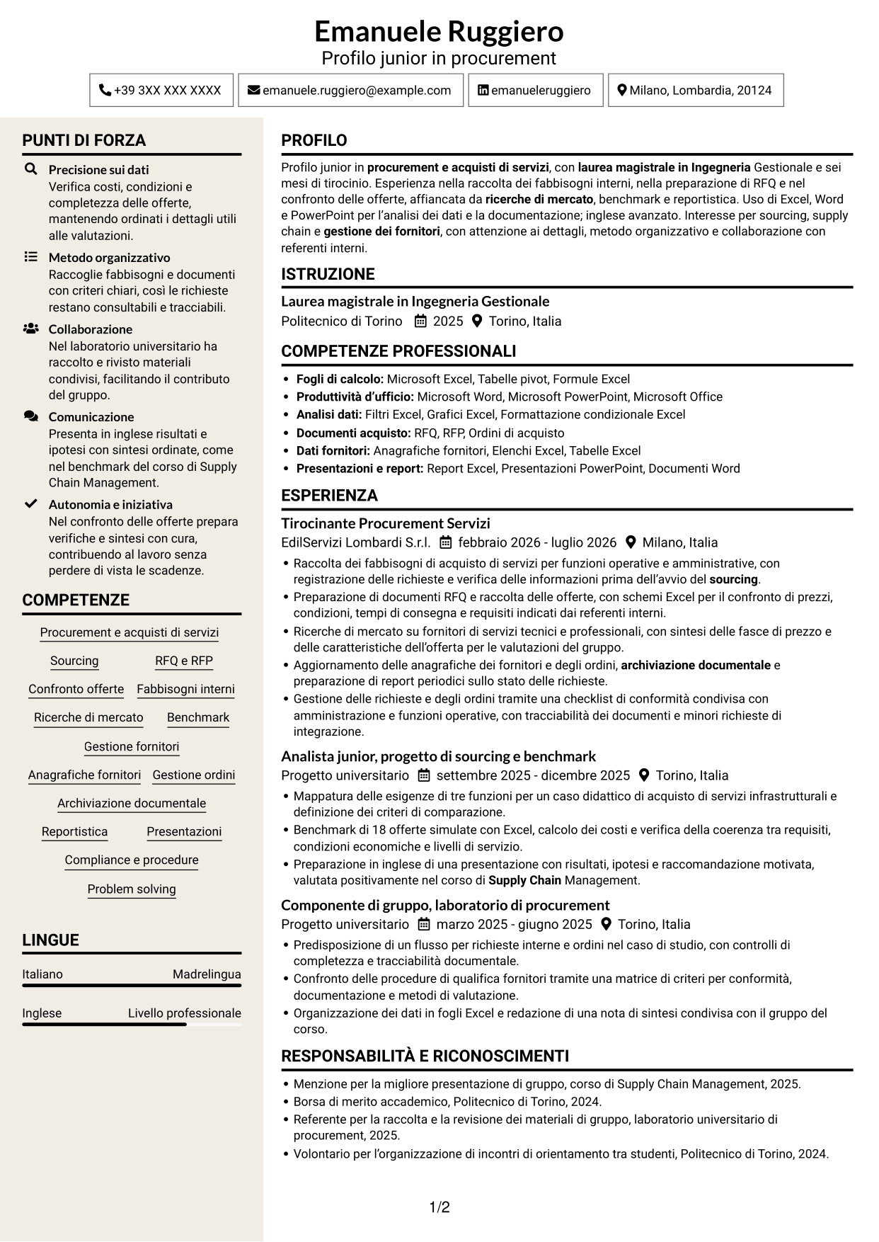 CV Intraprendente (formato a due colonne con intestazione centrata senza foto): Procurement Intern - Servizi, pagina 1