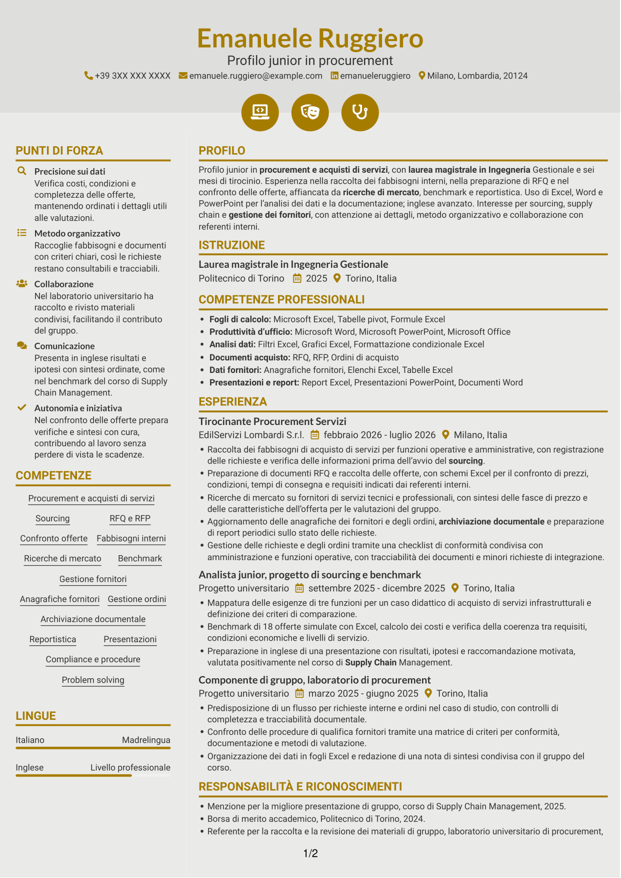CV Dinamico (formato a due colonne con icone): Procurement Intern - Servizi, pagina 1