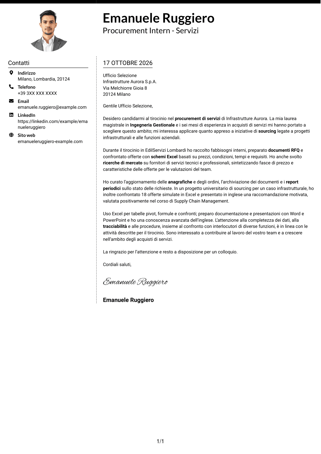 Lettera di presentazione Moderno (formato a due colonne con foto a sinistra e separatore): Procurement Intern - Servizi, pagina 1