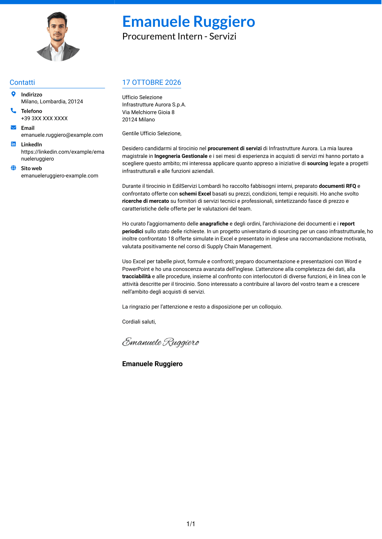 Lettera di presentazione Audace (formato a due colonne con accenti colorati e foto): Procurement Intern - Servizi, pagina 1
