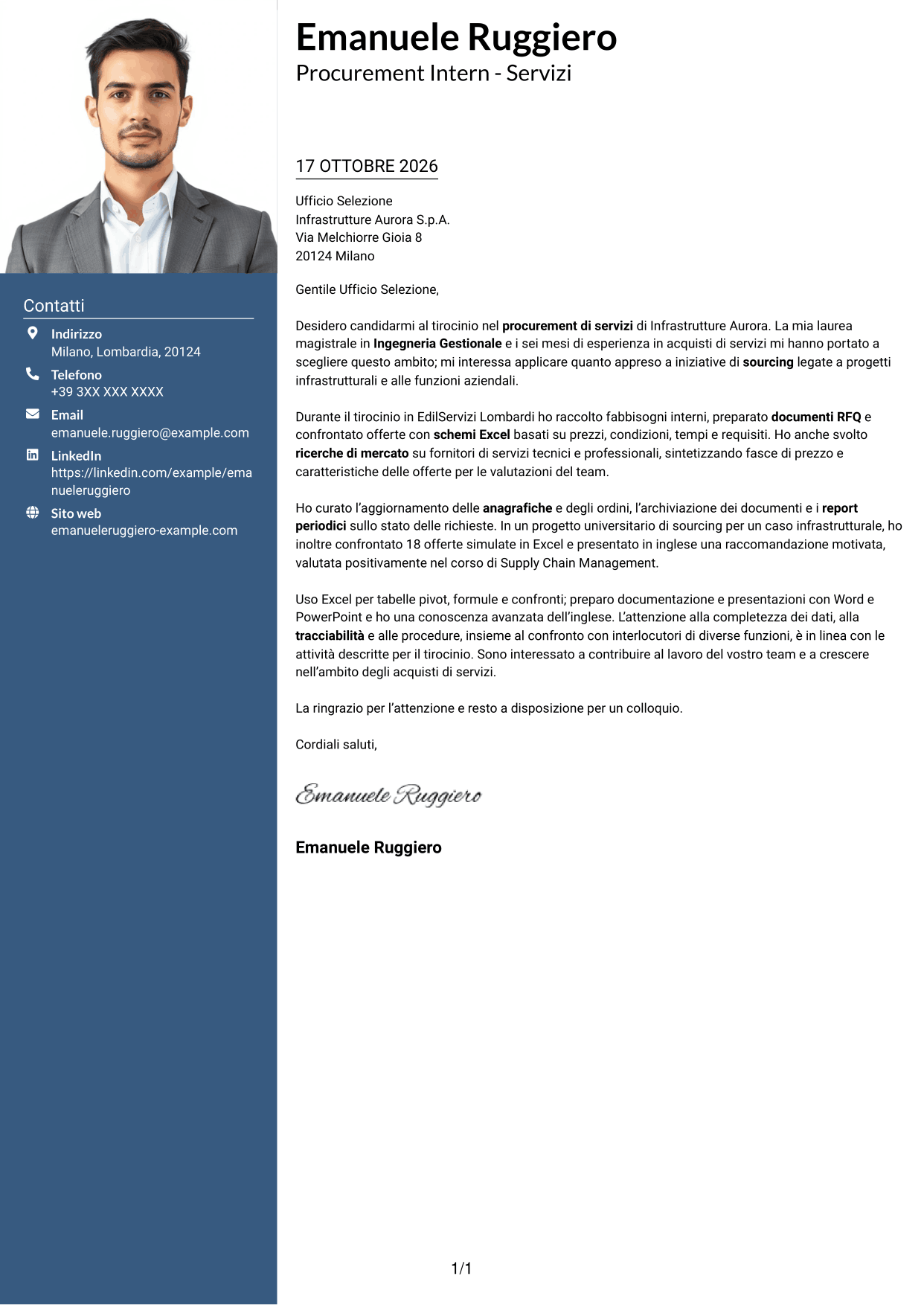 Lettera di presentazione Signature (formato con colonna laterale colorata e foto grande): Procurement Intern - Servizi, pagina 1