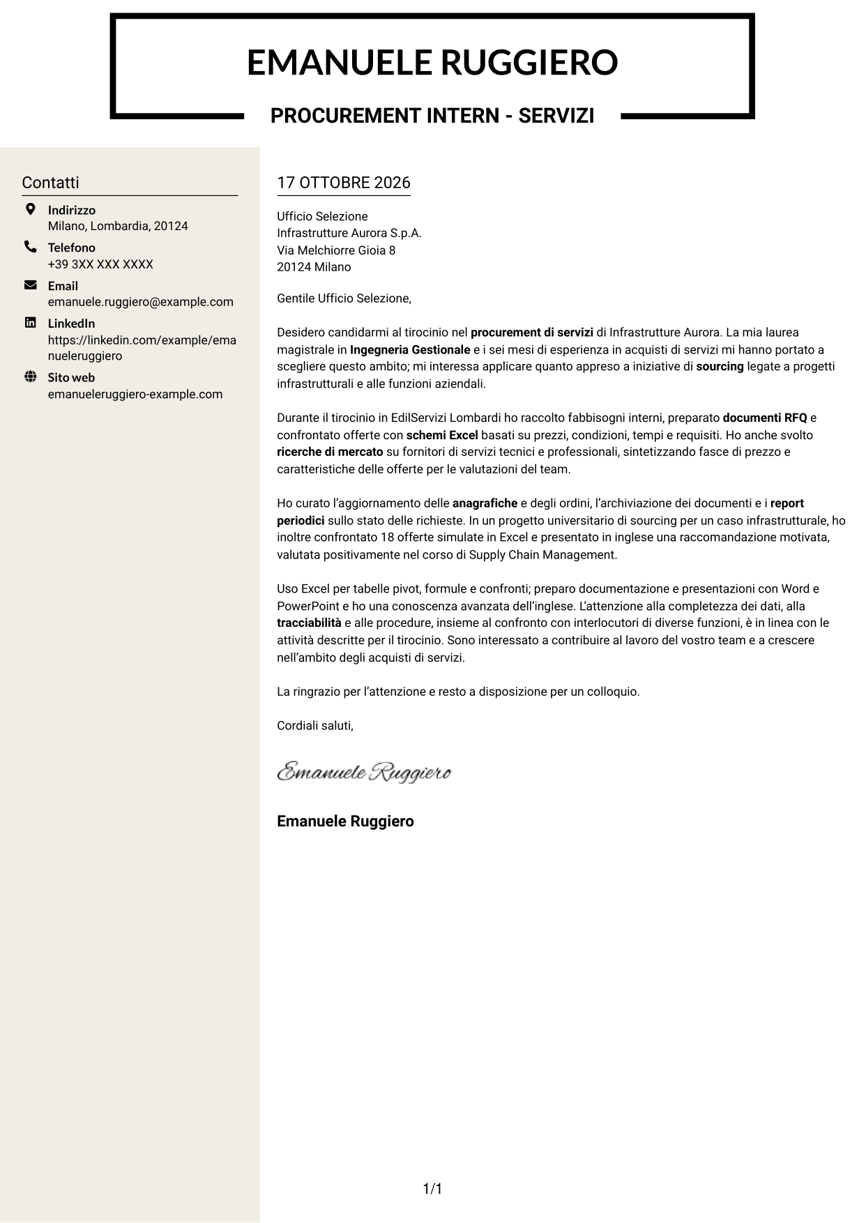 Lettera di presentazione Intraprendente (formato a due colonne con intestazione centrata senza foto): Procurement Intern - Servizi, pagina 1