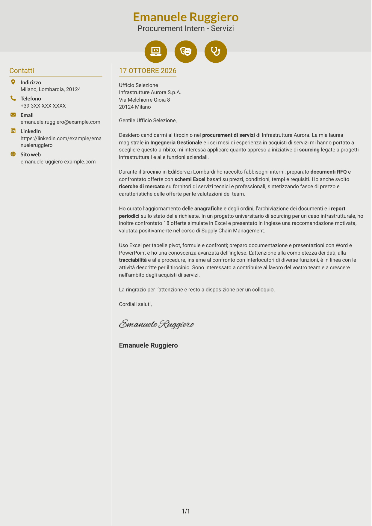 Lettera di presentazione Dinamico (formato a due colonne con icone): Procurement Intern - Servizi, pagina 1