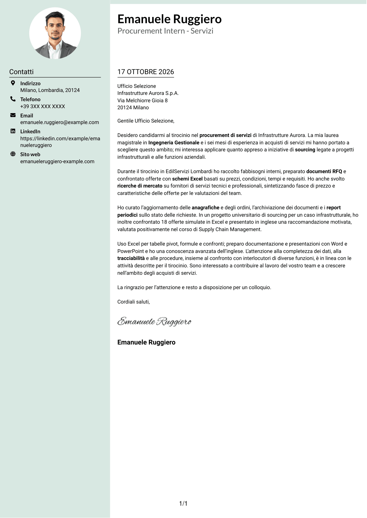 Lettera di presentazione Dirigente (formato con colonna laterale tenue e foto arrotondata): Procurement Intern - Servizi, pagina 1