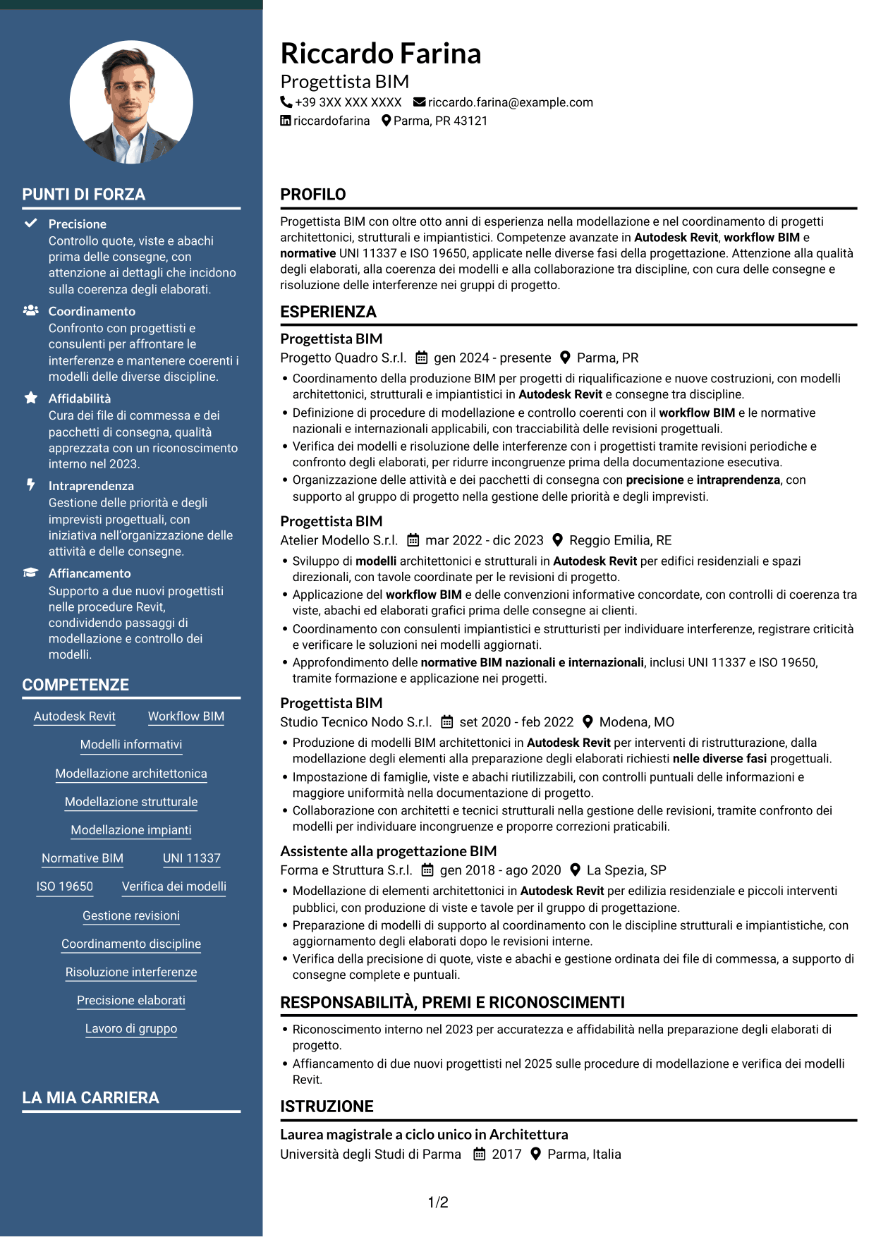 CV Elegante (formato con colonna laterale colorata e foto): Progettista BIM, pagina 1