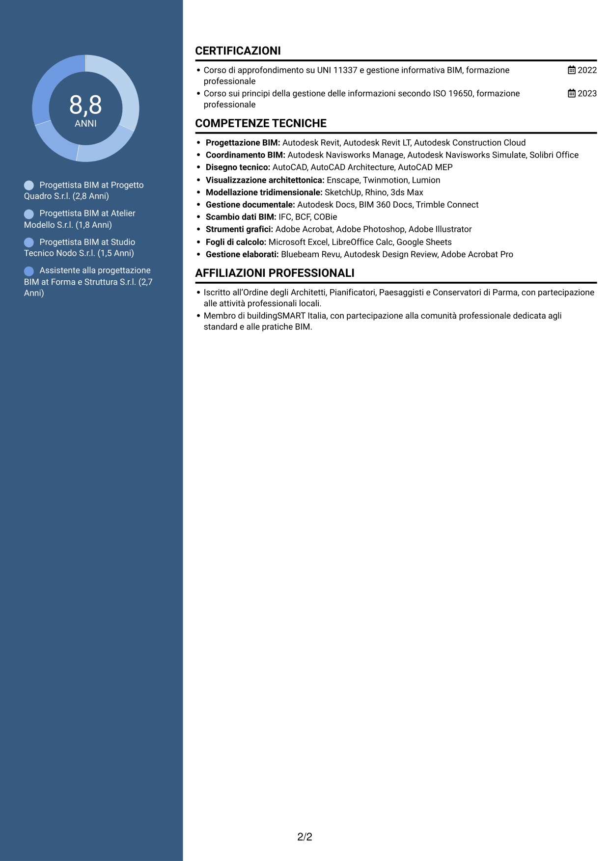 CV Elegante (formato con colonna laterale colorata e foto): Progettista BIM, pagina 2