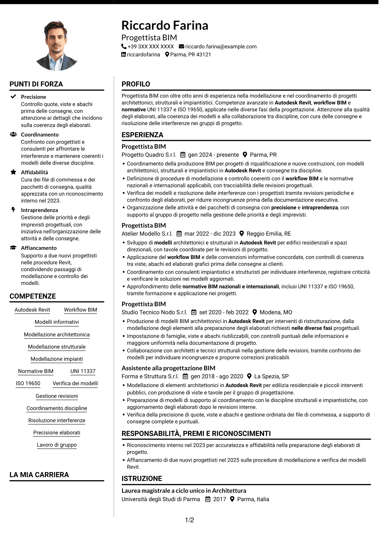 CV Moderno (formato a due colonne con foto a sinistra e separatore): Progettista BIM, pagina 1