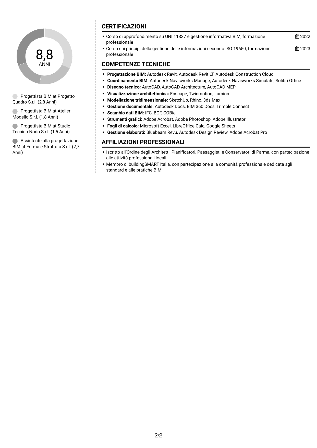 CV Moderno (formato a due colonne con foto a sinistra e separatore): Progettista BIM, pagina 2