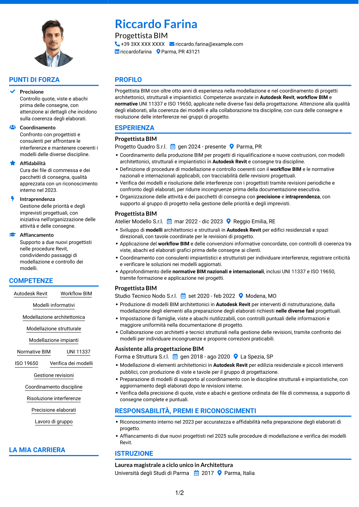 CV Audace (formato a due colonne con accenti colorati e foto): Progettista BIM, pagina 1