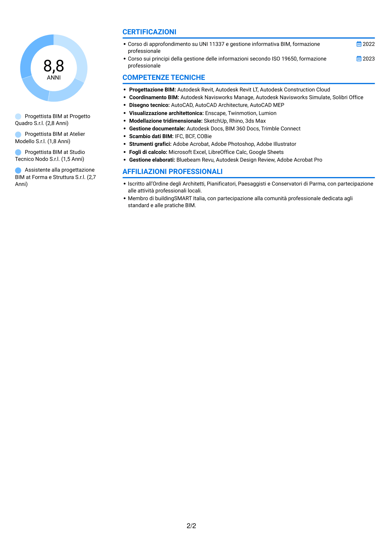 CV Audace (formato a due colonne con accenti colorati e foto): Progettista BIM, pagina 2