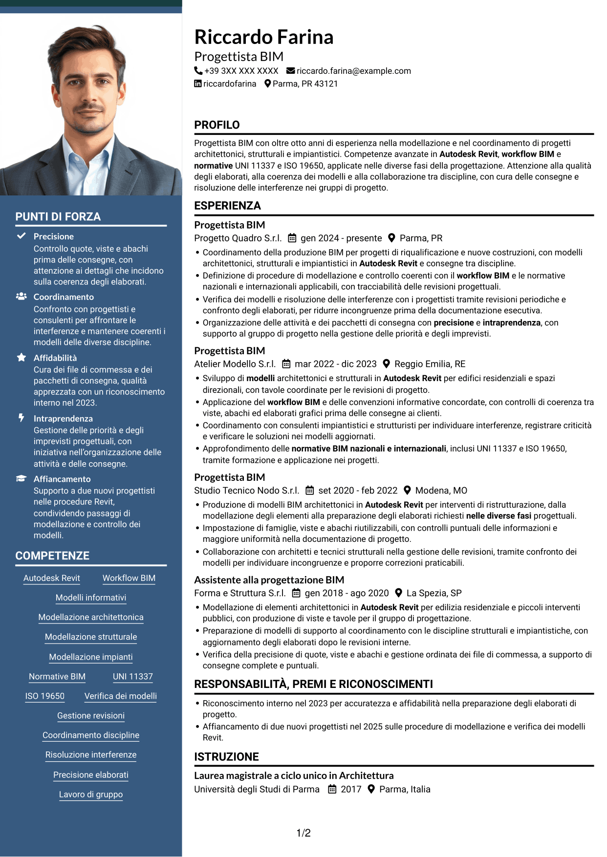 CV Signature (formato con colonna laterale colorata e foto grande): Progettista BIM, pagina 1