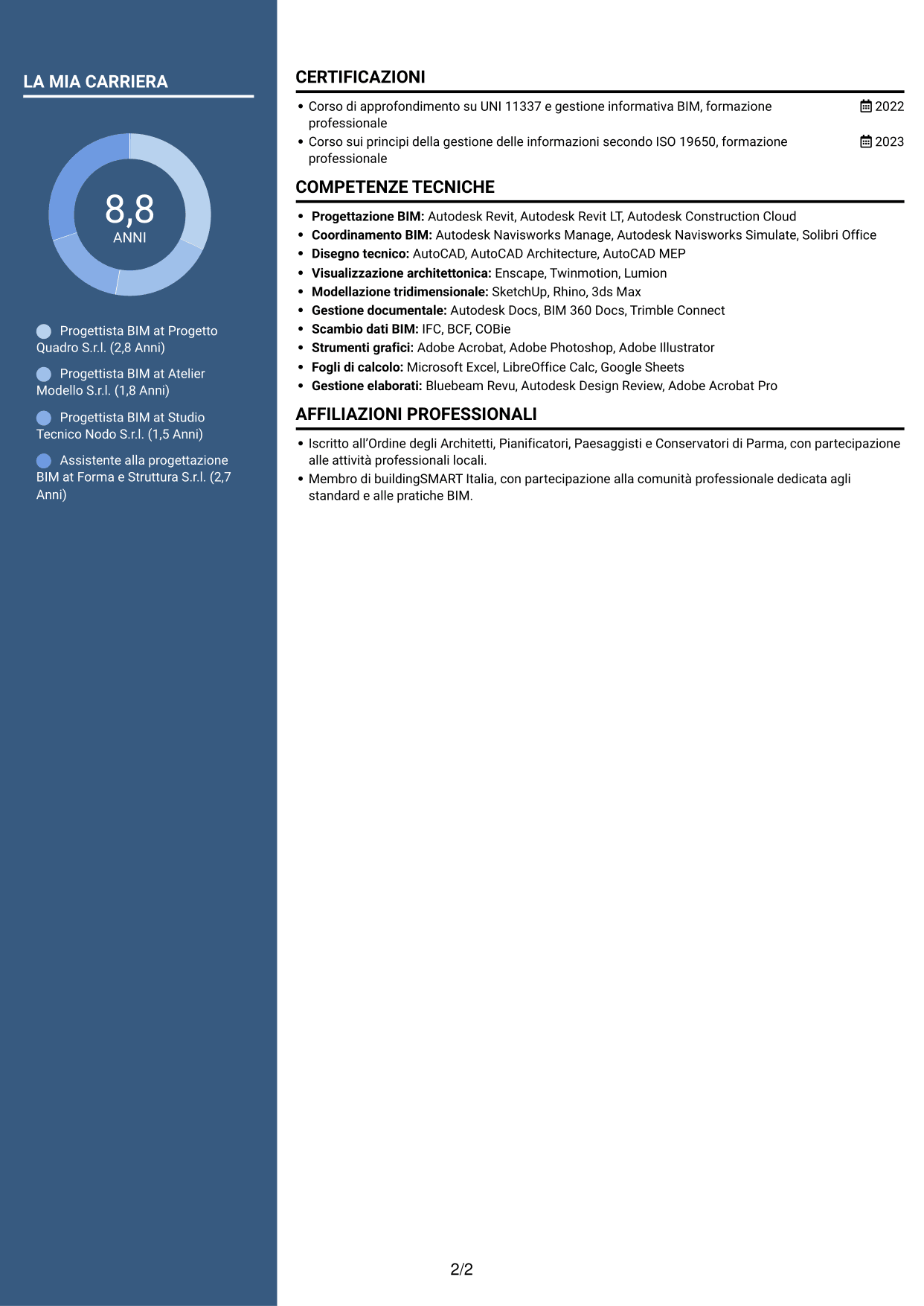 CV Signature (formato con colonna laterale colorata e foto grande): Progettista BIM, pagina 2