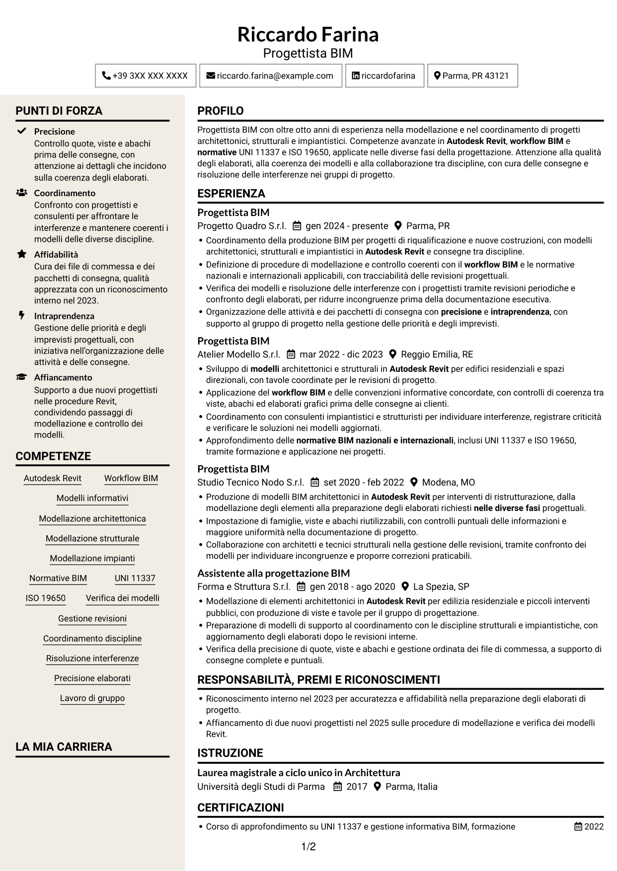 CV Intraprendente (formato a due colonne con intestazione centrata senza foto): Progettista BIM, pagina 1