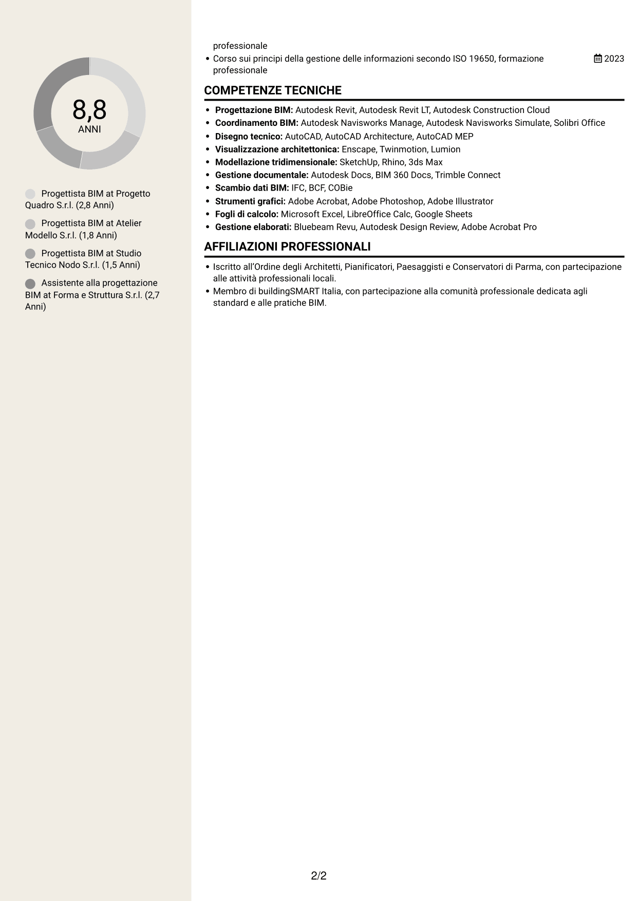 CV Intraprendente (formato a due colonne con intestazione centrata senza foto): Progettista BIM, pagina 2