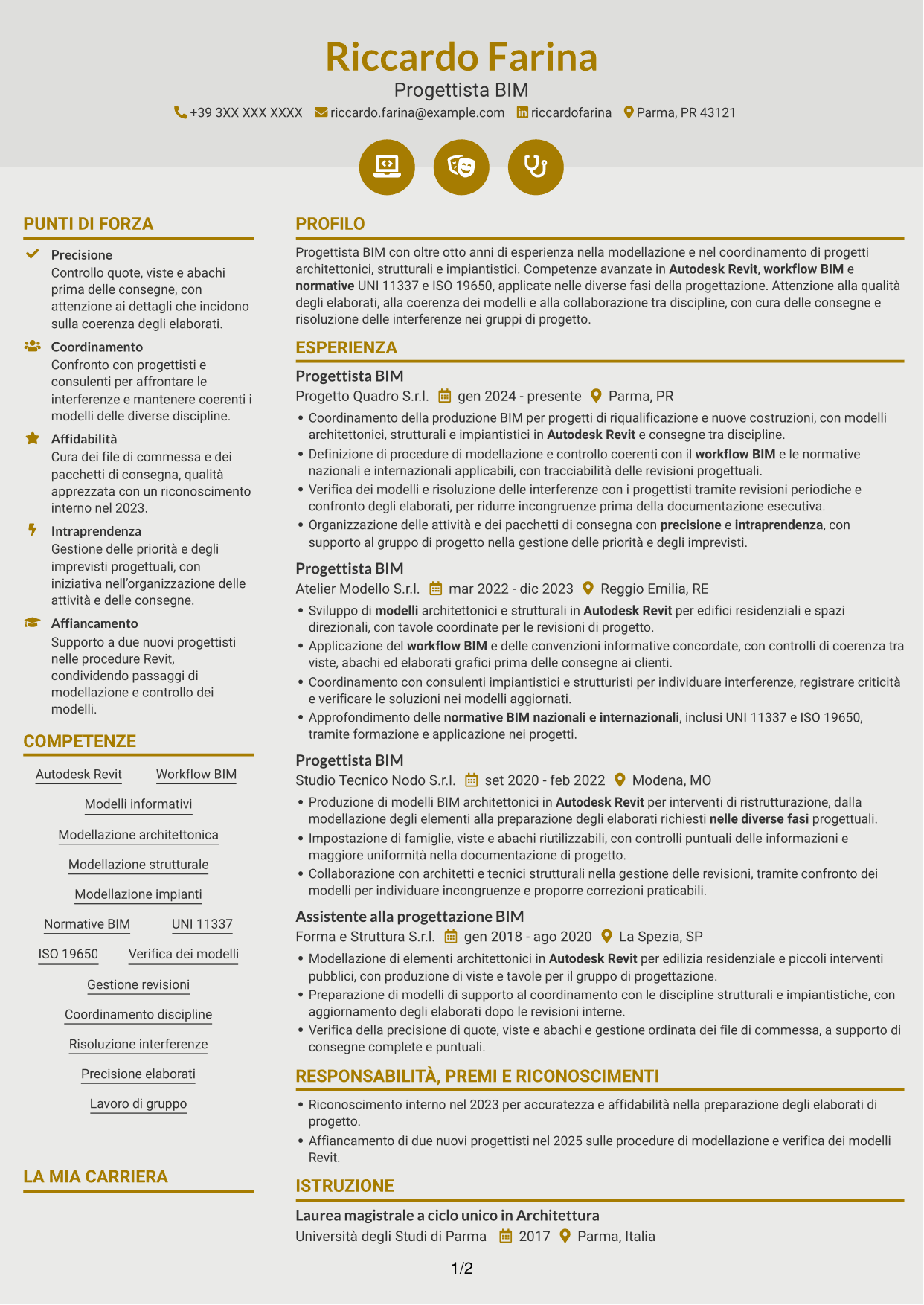 CV Dinamico (formato a due colonne con icone): Progettista BIM, pagina 1