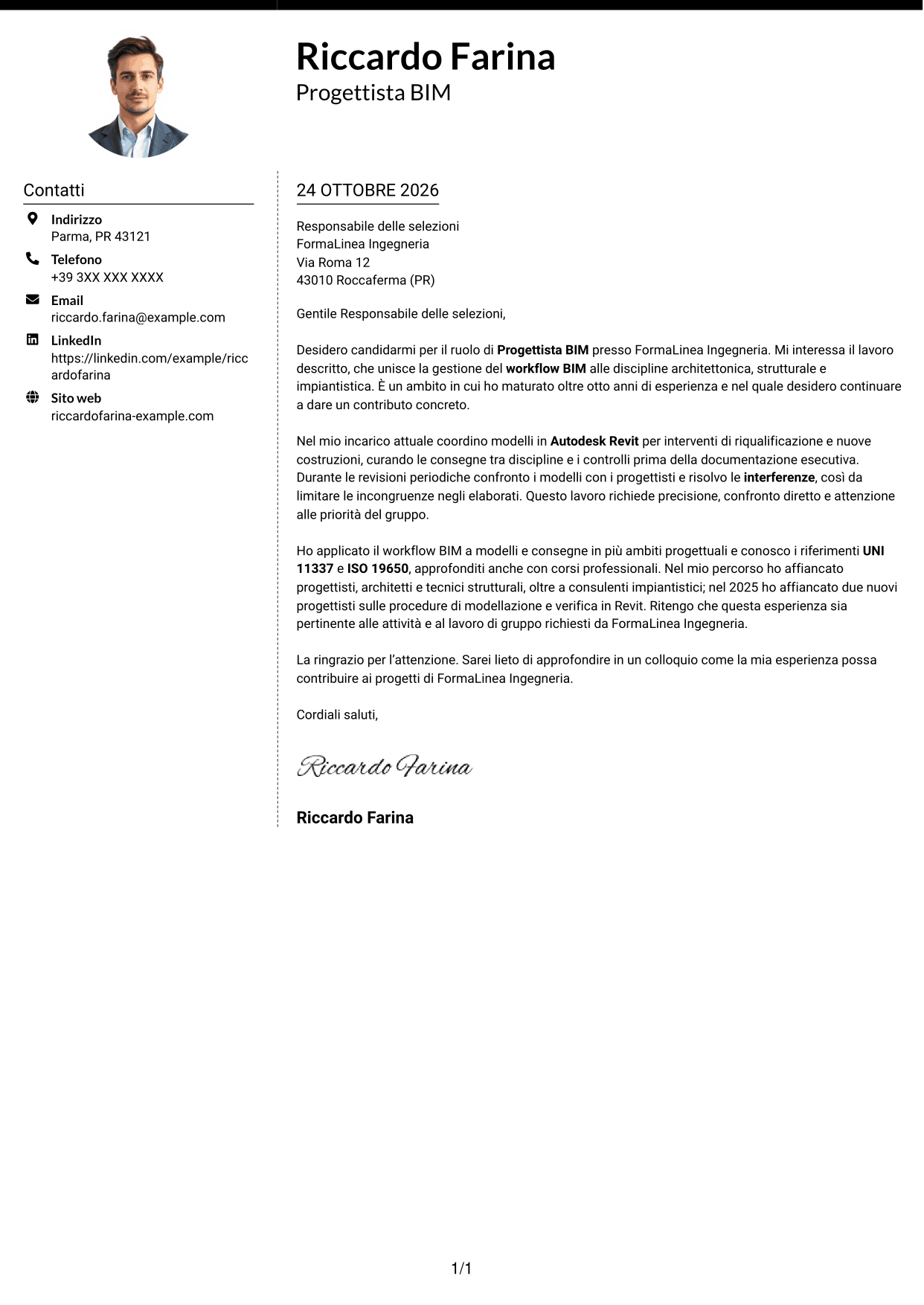 Lettera di presentazione Moderno (formato a due colonne con foto a sinistra e separatore): Progettista BIM, pagina 1