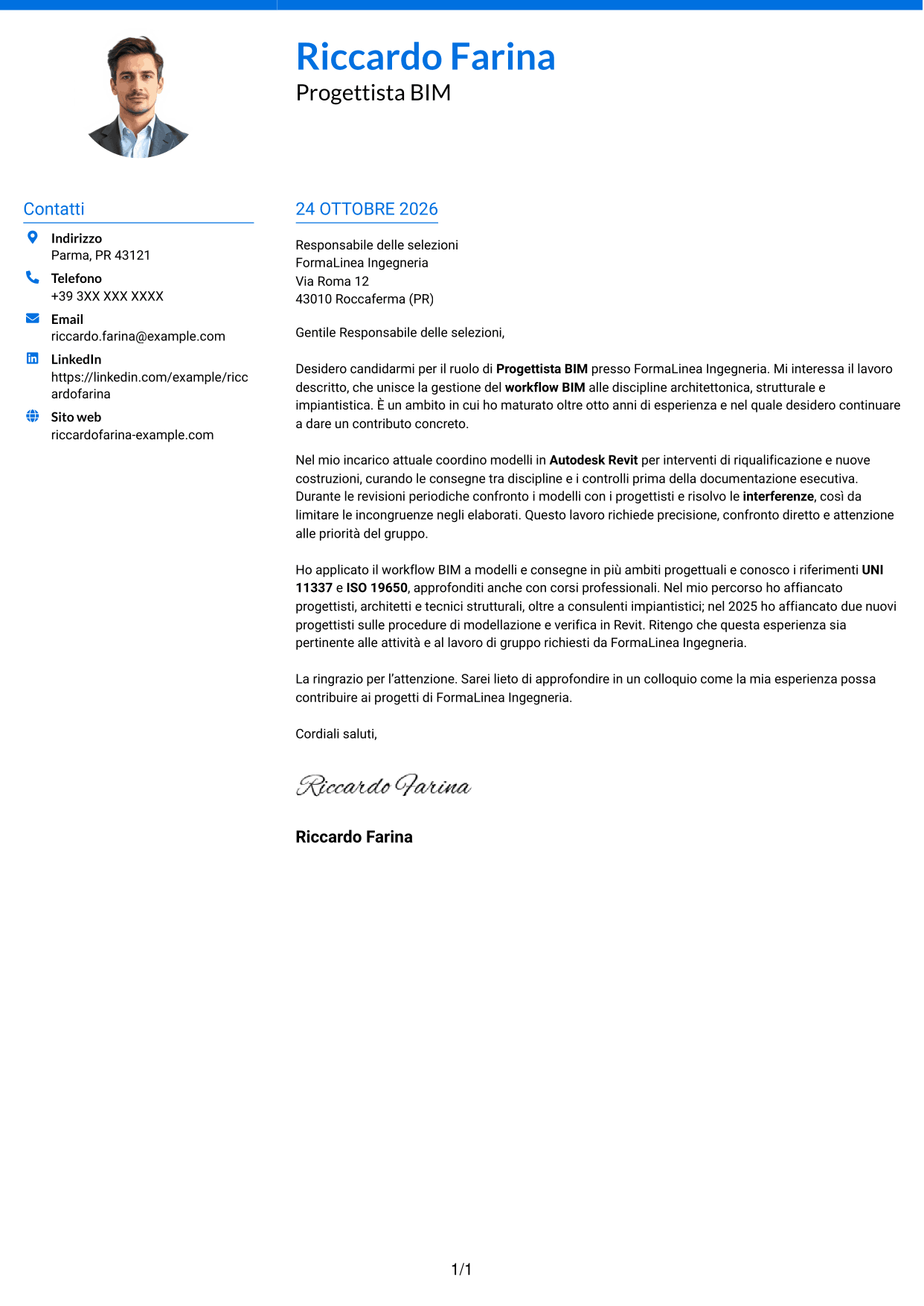 Lettera di presentazione Audace (formato a due colonne con accenti colorati e foto): Progettista BIM, pagina 1
