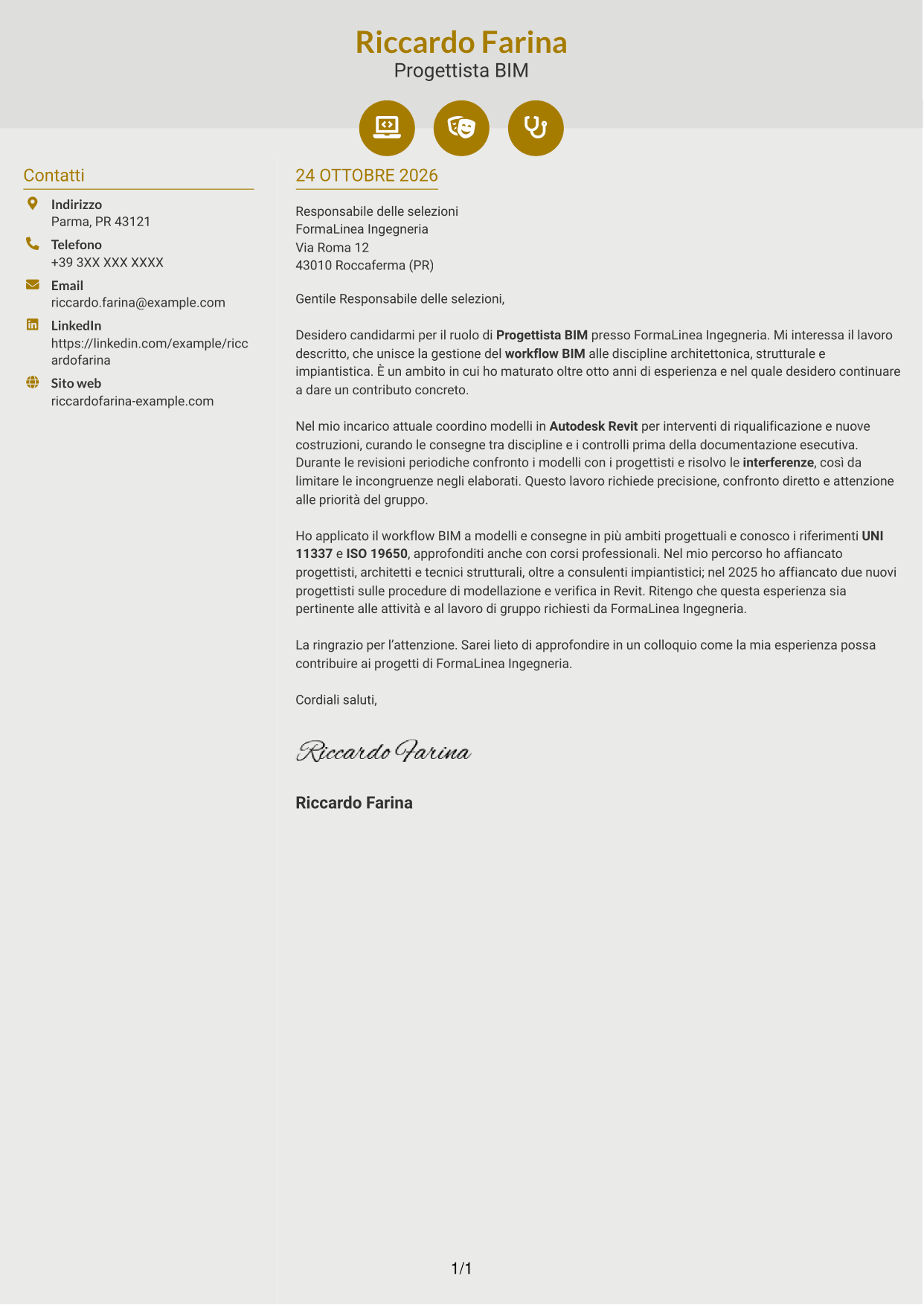 Lettera di presentazione Dinamico (formato a due colonne con icone): Progettista BIM, pagina 1