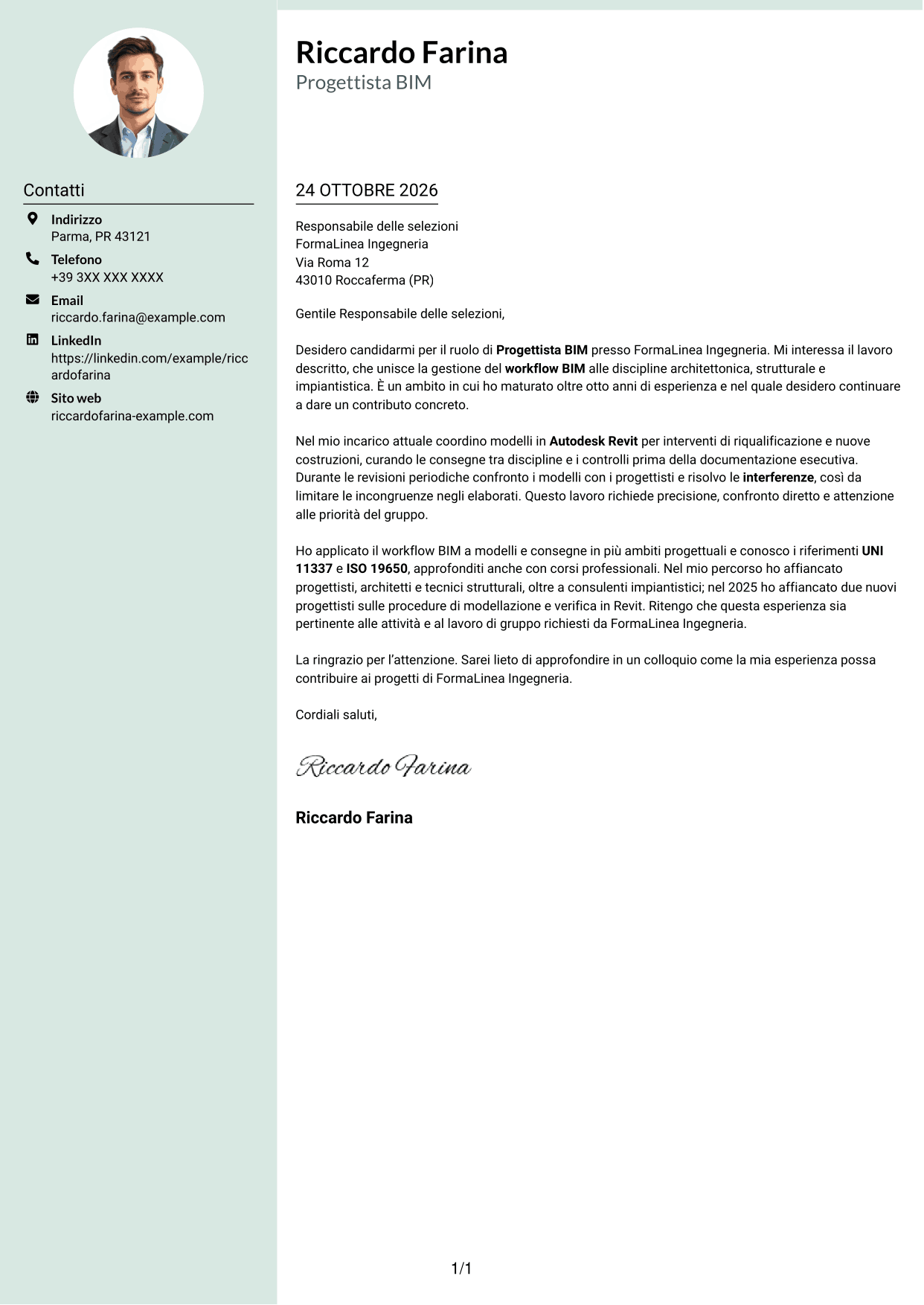 Lettera di presentazione Dirigente (formato con colonna laterale tenue e foto arrotondata): Progettista BIM, pagina 1