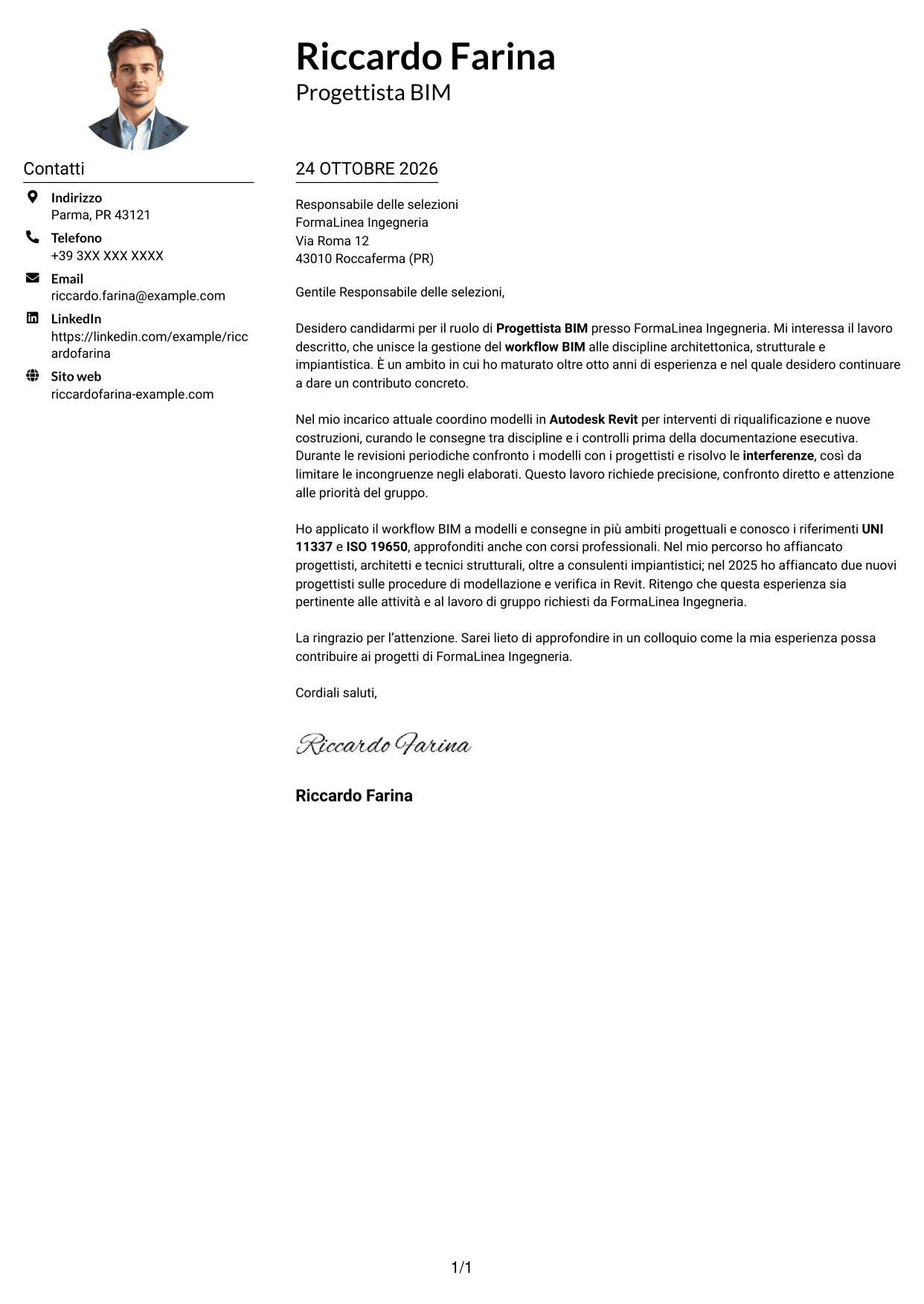 Esempio di lettera di presentazione — pagina 1
