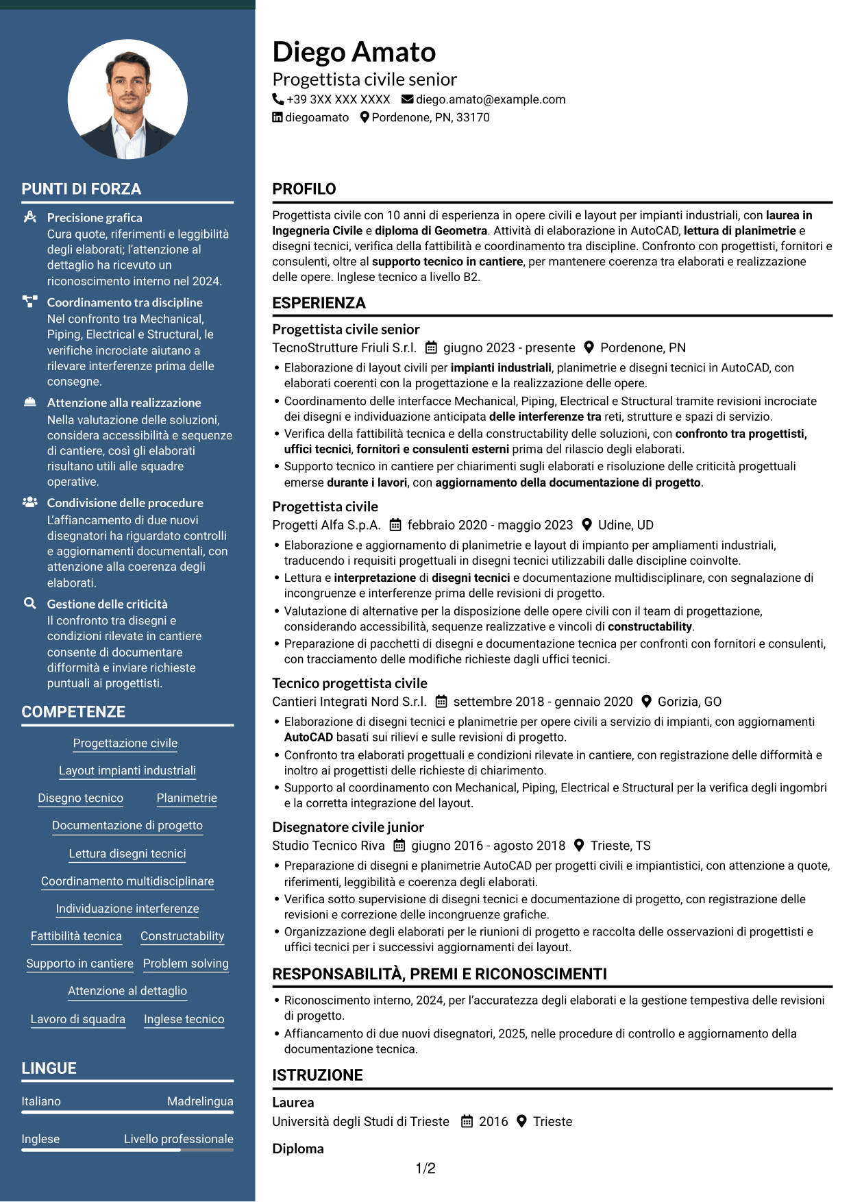 CV Elegante (formato con colonna laterale colorata e foto): Progettista civile - Layout di impianti industriali, pagina 1