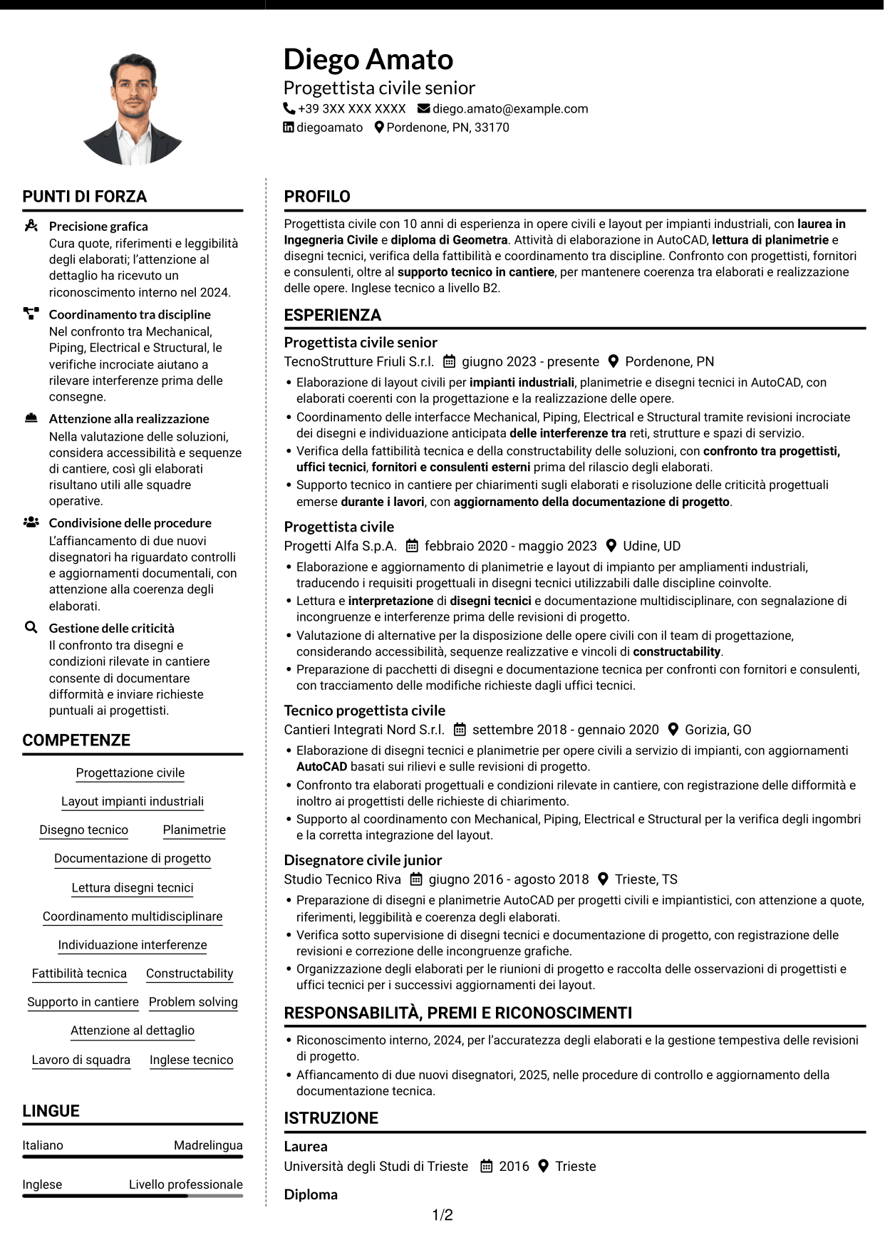 CV Moderno (formato a due colonne con foto a sinistra e separatore): Progettista civile - Layout di impianti industriali, pagina 1