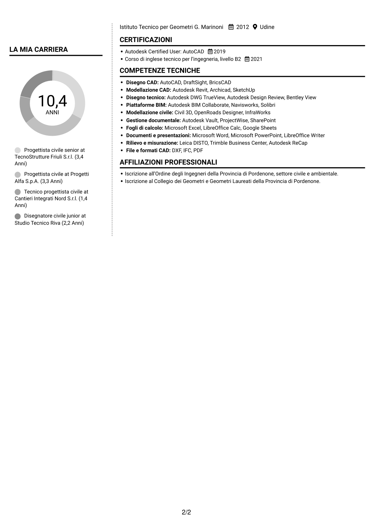 CV Moderno (formato a due colonne con foto a sinistra e separatore): Progettista civile - Layout di impianti industriali, pagina 2