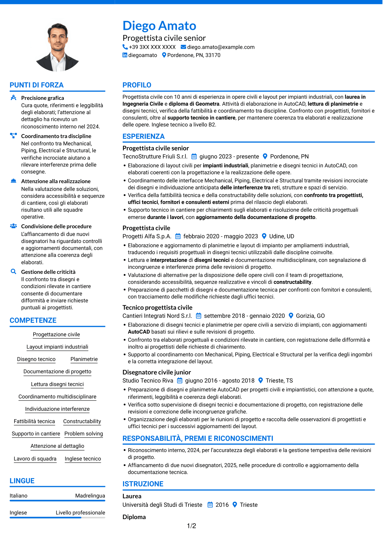 CV Audace (formato a due colonne con accenti colorati e foto): Progettista civile - Layout di impianti industriali, pagina 1