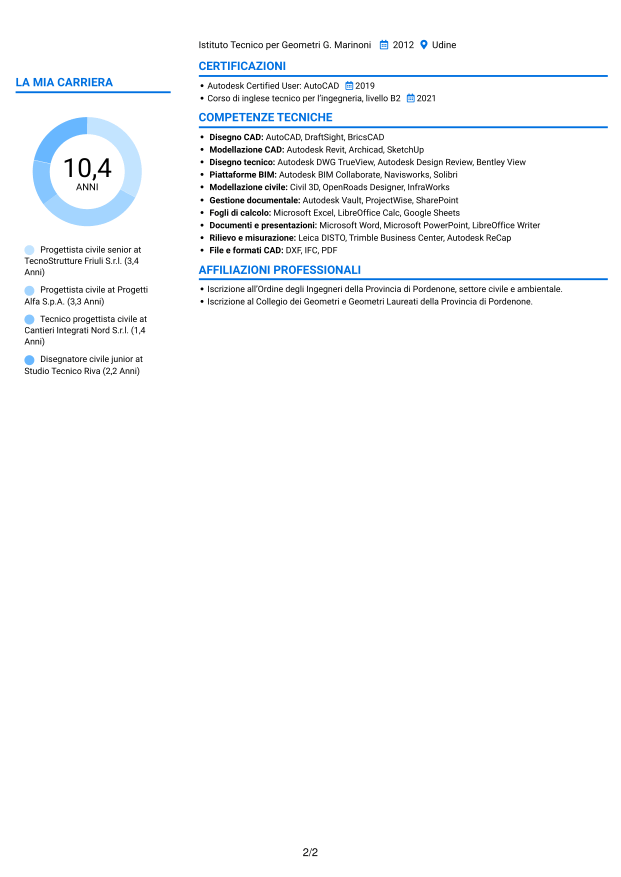 CV Audace (formato a due colonne con accenti colorati e foto): Progettista civile - Layout di impianti industriali, pagina 2