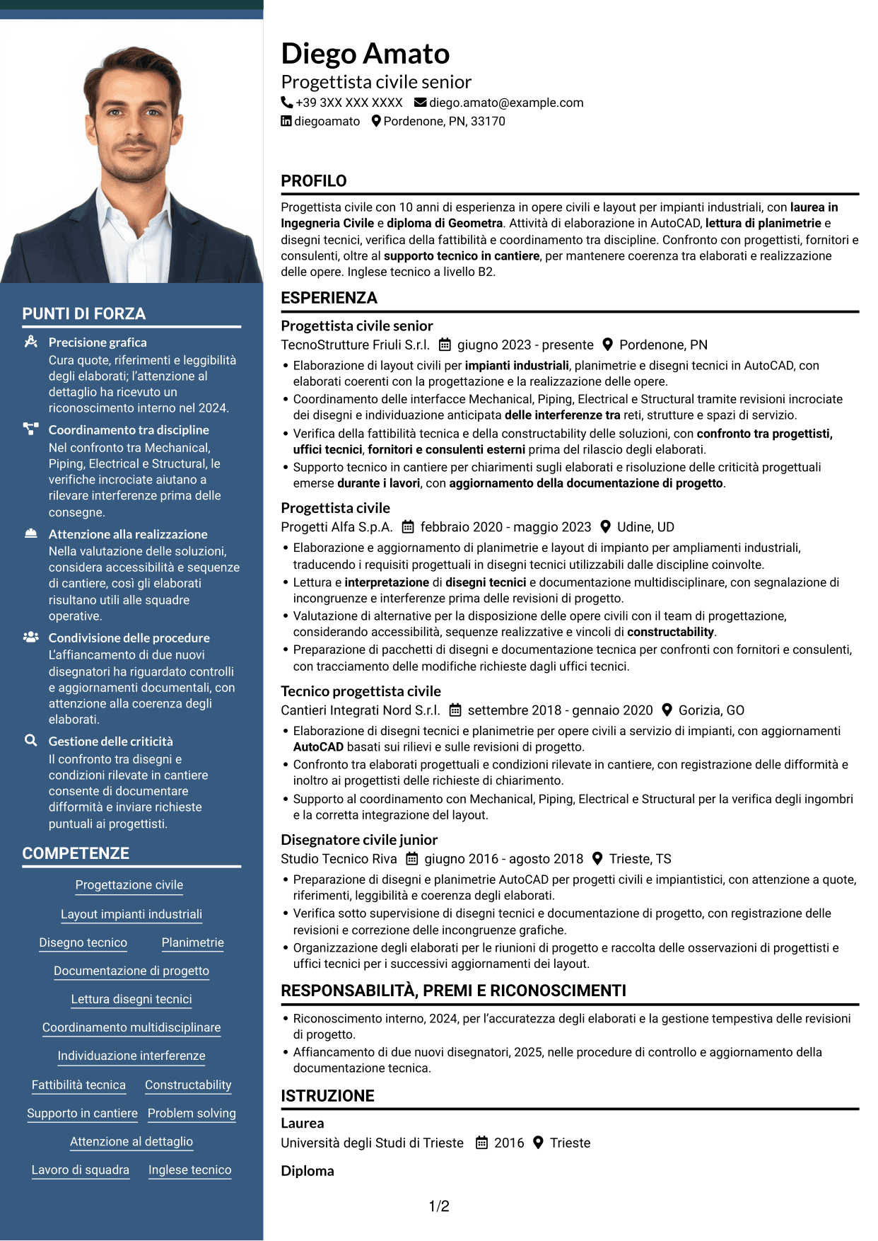 CV Signature (formato con colonna laterale colorata e foto grande): Progettista civile - Layout di impianti industriali, pagina 1