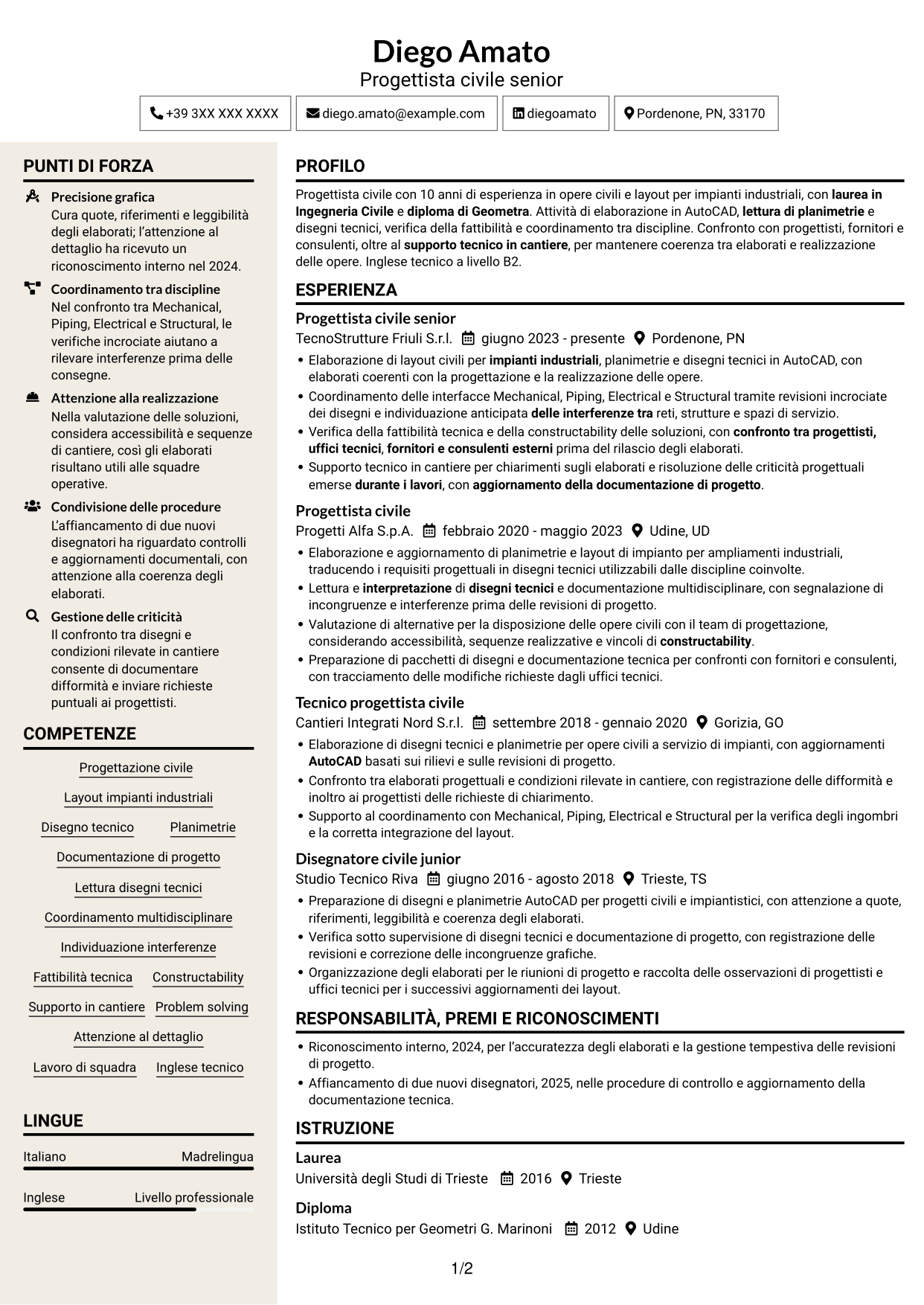 CV Intraprendente (formato a due colonne con intestazione centrata senza foto): Progettista civile - Layout di impianti industriali, pagina 1