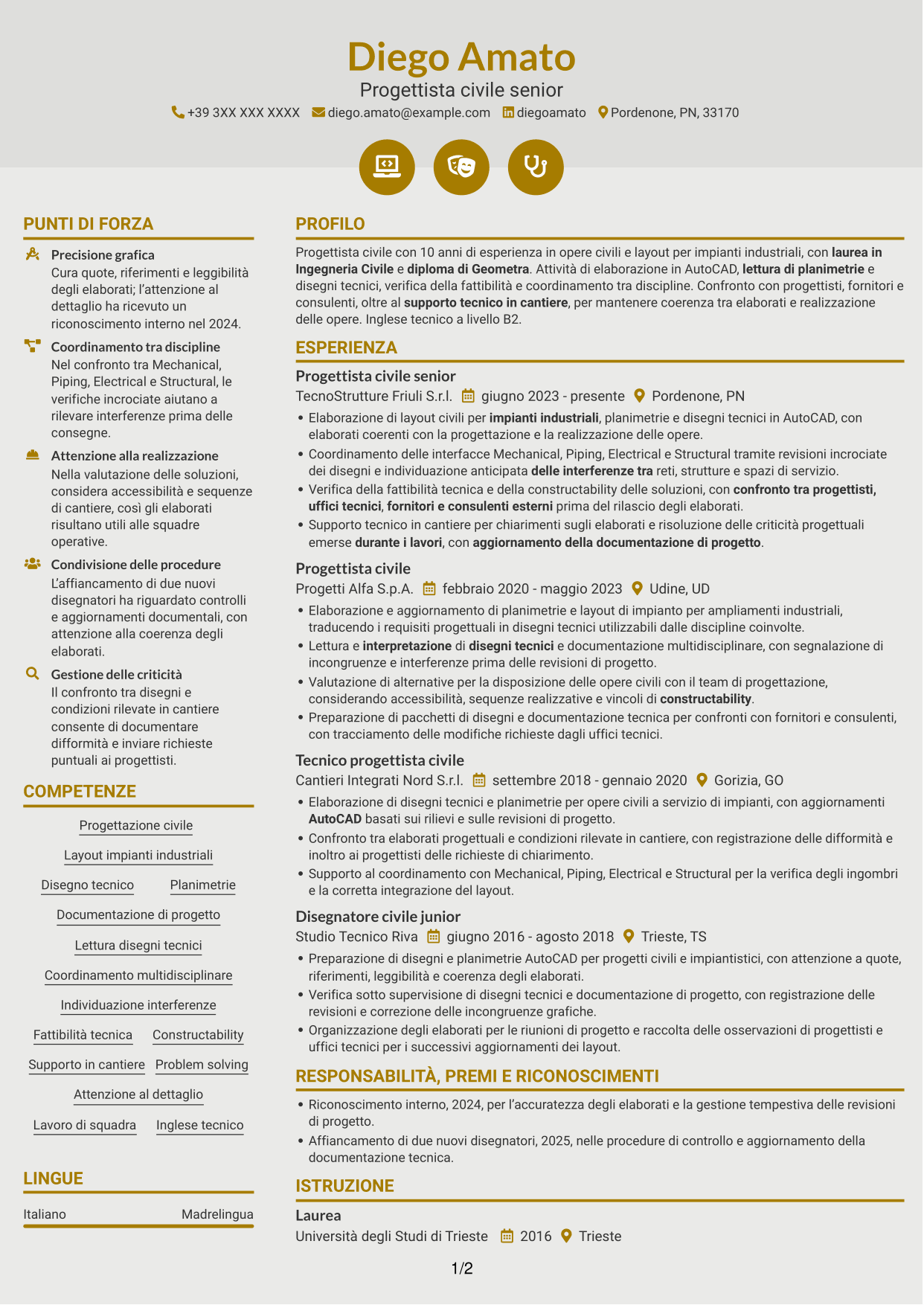 CV Dinamico (formato a due colonne con icone): Progettista civile - Layout di impianti industriali, pagina 1