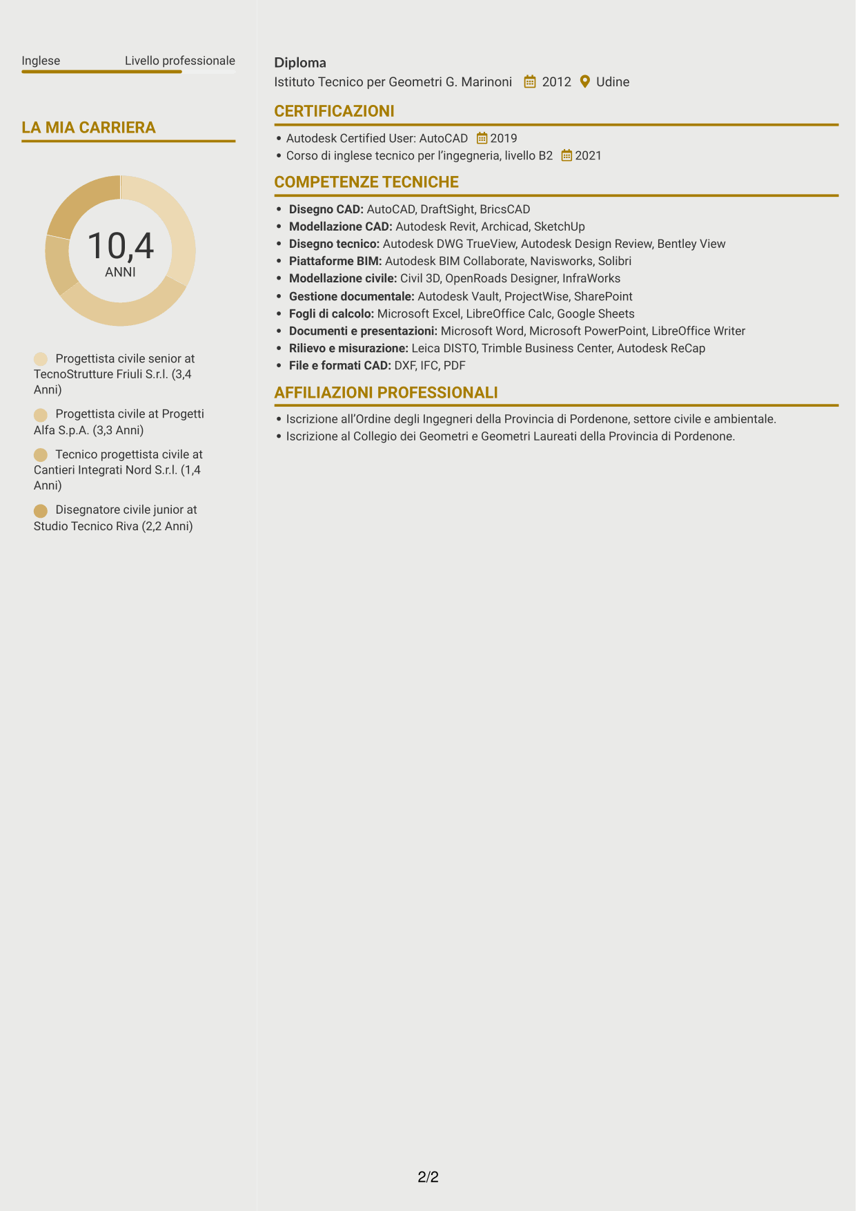 CV Dinamico (formato a due colonne con icone): Progettista civile - Layout di impianti industriali, pagina 2