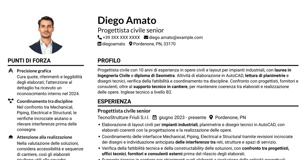 7 modelli di CV per Progettista civile - Layout di impianti industriali, con esempi
