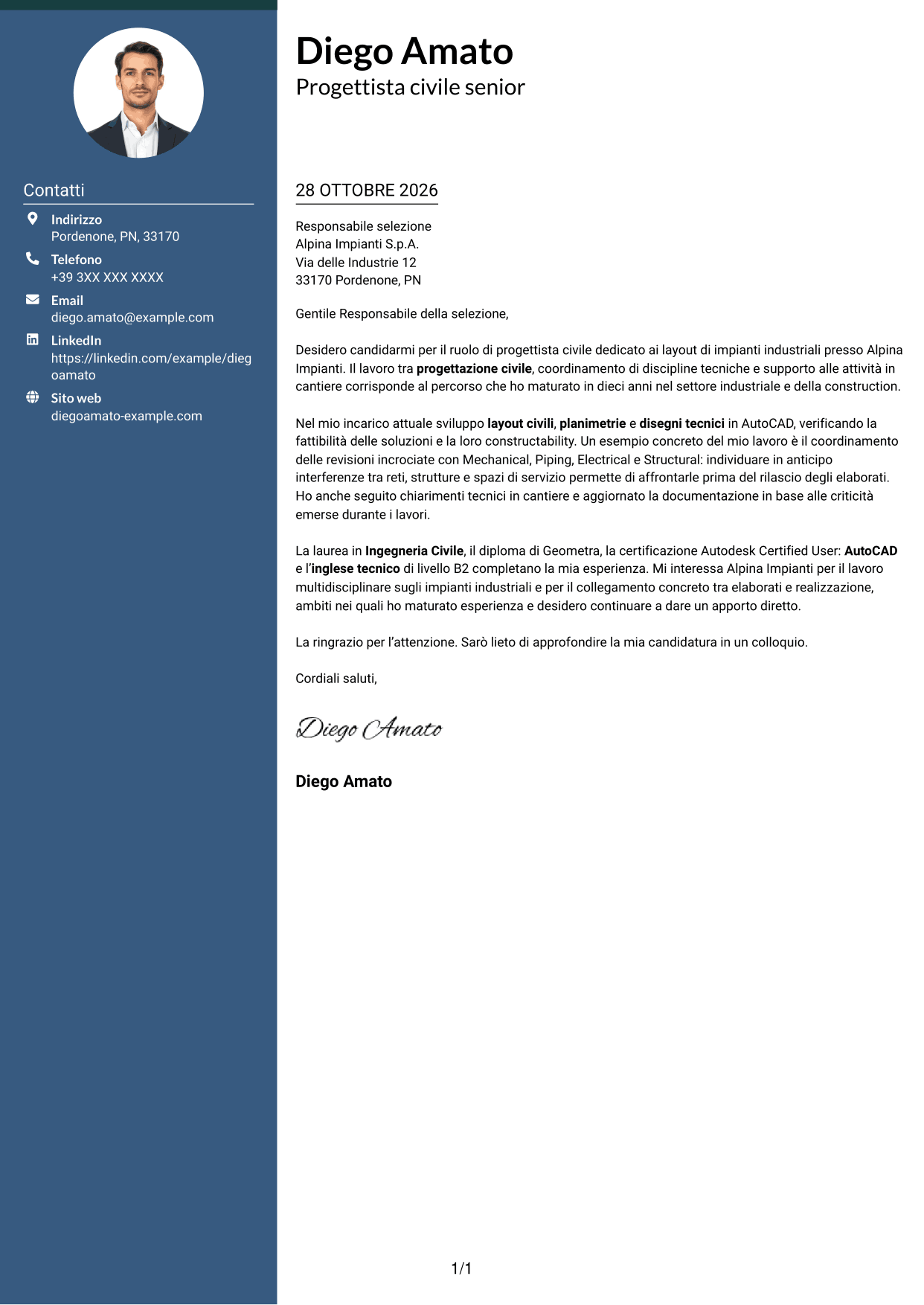 Lettera di presentazione Elegante (formato con colonna laterale colorata e foto): Progettista civile - Layout di impianti industriali, pagina 1