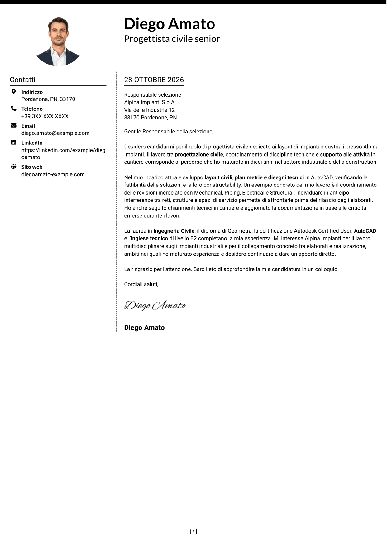 Lettera di presentazione Moderno (formato a due colonne con foto a sinistra e separatore): Progettista civile - Layout di impianti industriali, pagina 1