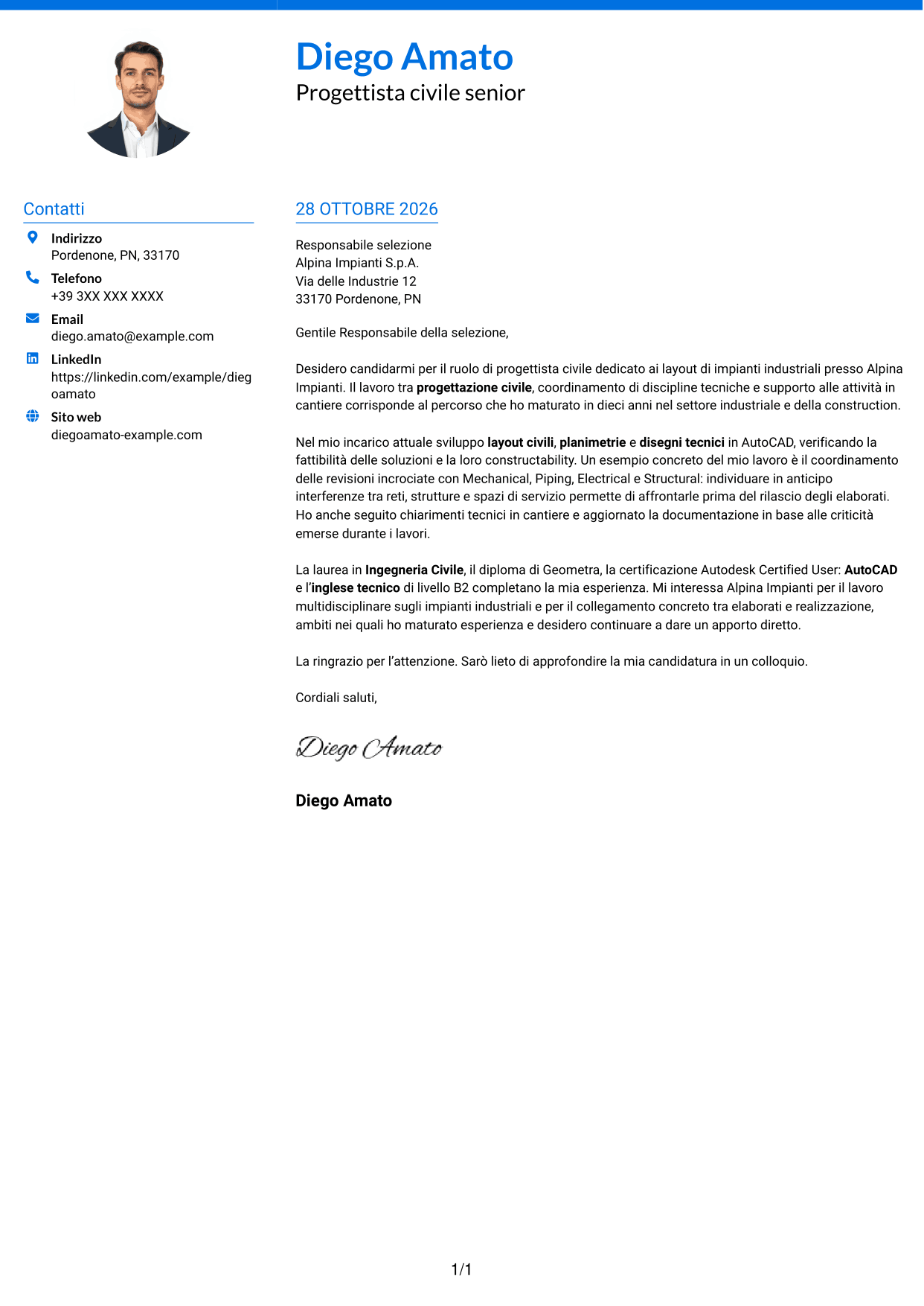 Lettera di presentazione Audace (formato a due colonne con accenti colorati e foto): Progettista civile - Layout di impianti industriali, pagina 1